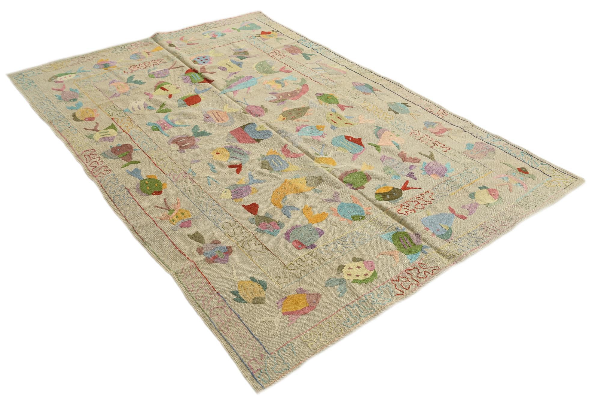 5' 4 x 7' 7 Hand Woven Kilim Suzani Wool Rug