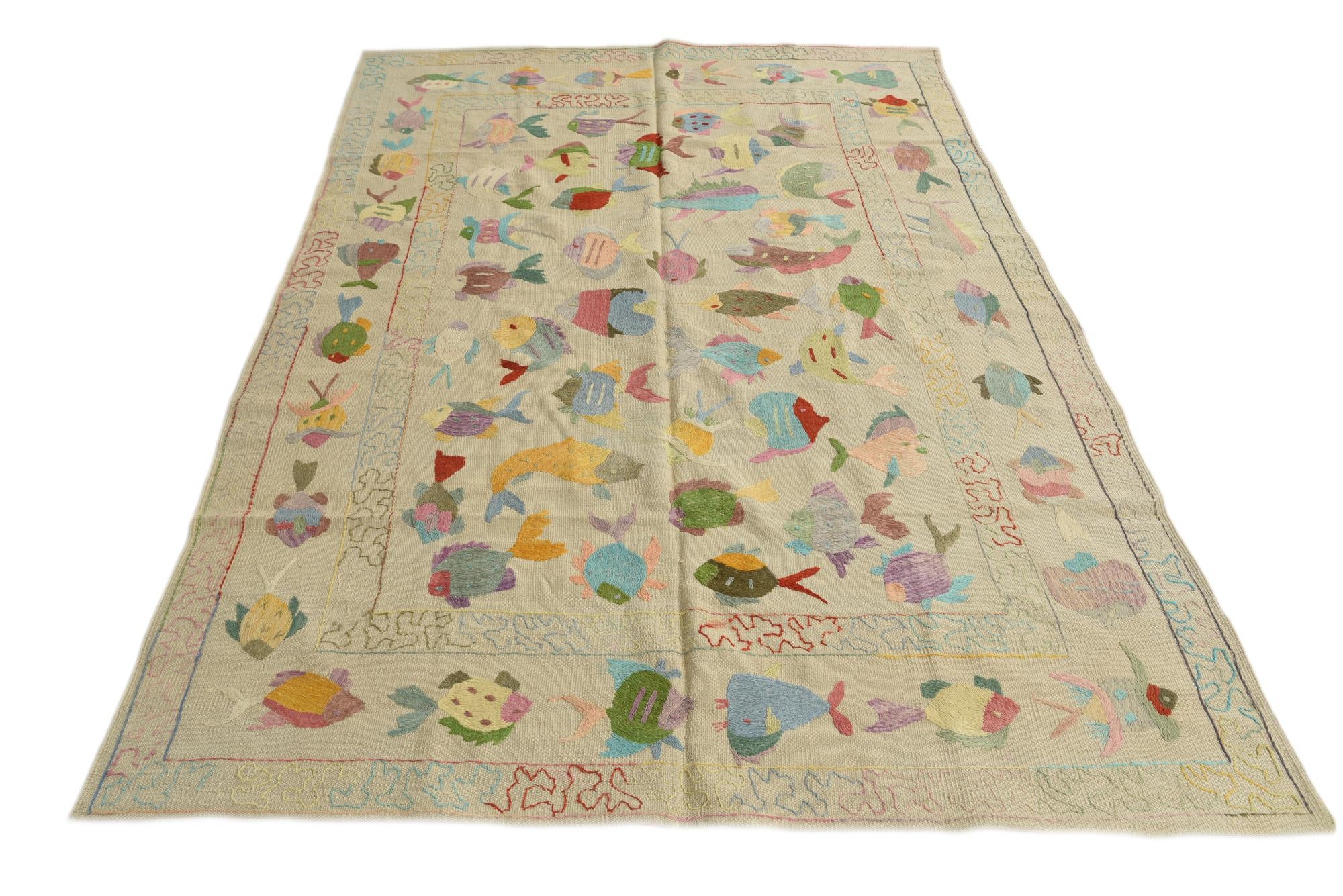 5' 4 x 7' 7 Hand Woven Kilim Suzani Wool Rug