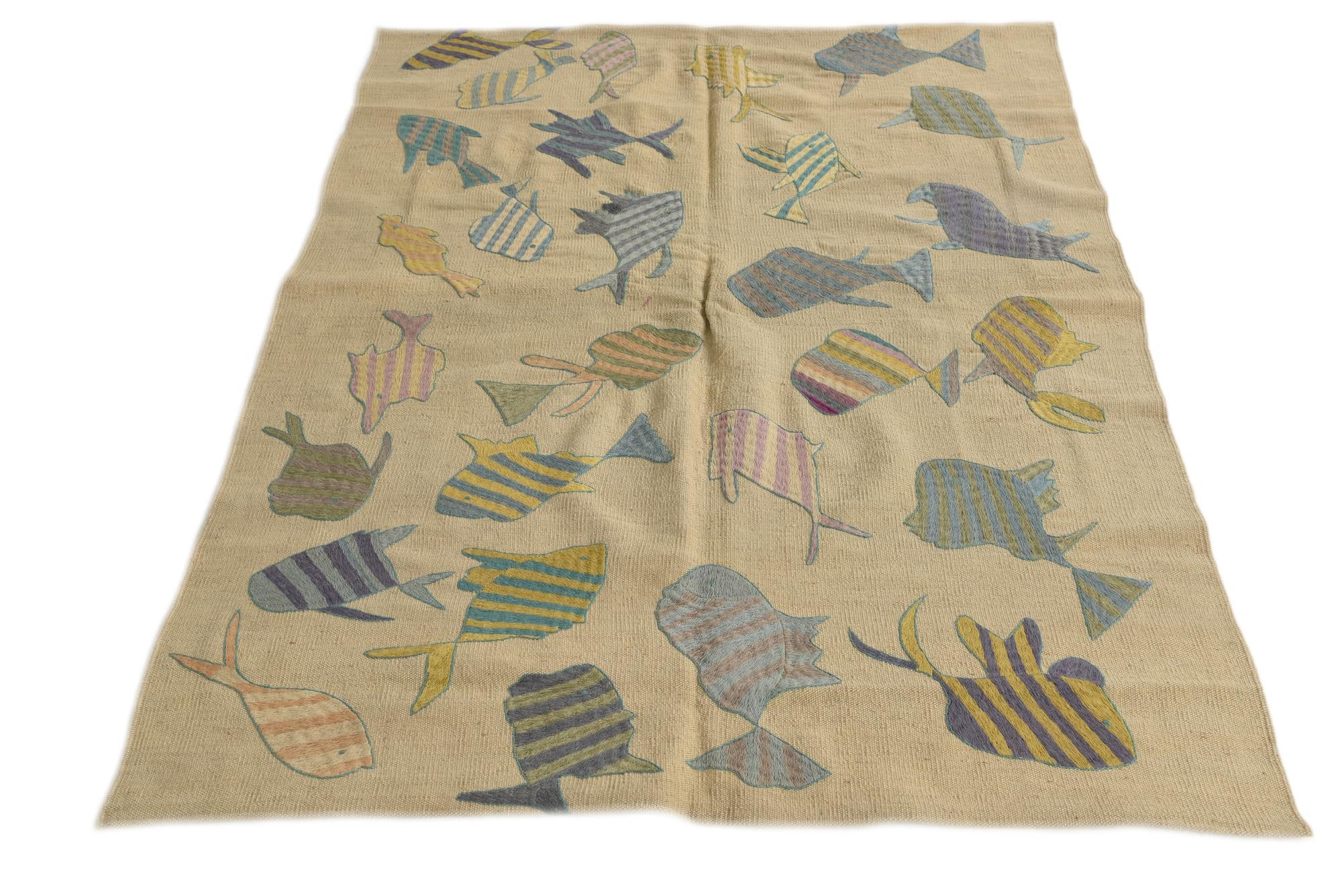 4' 2 x 5' 5 Hand Woven Kilim Suzani Wool Rug