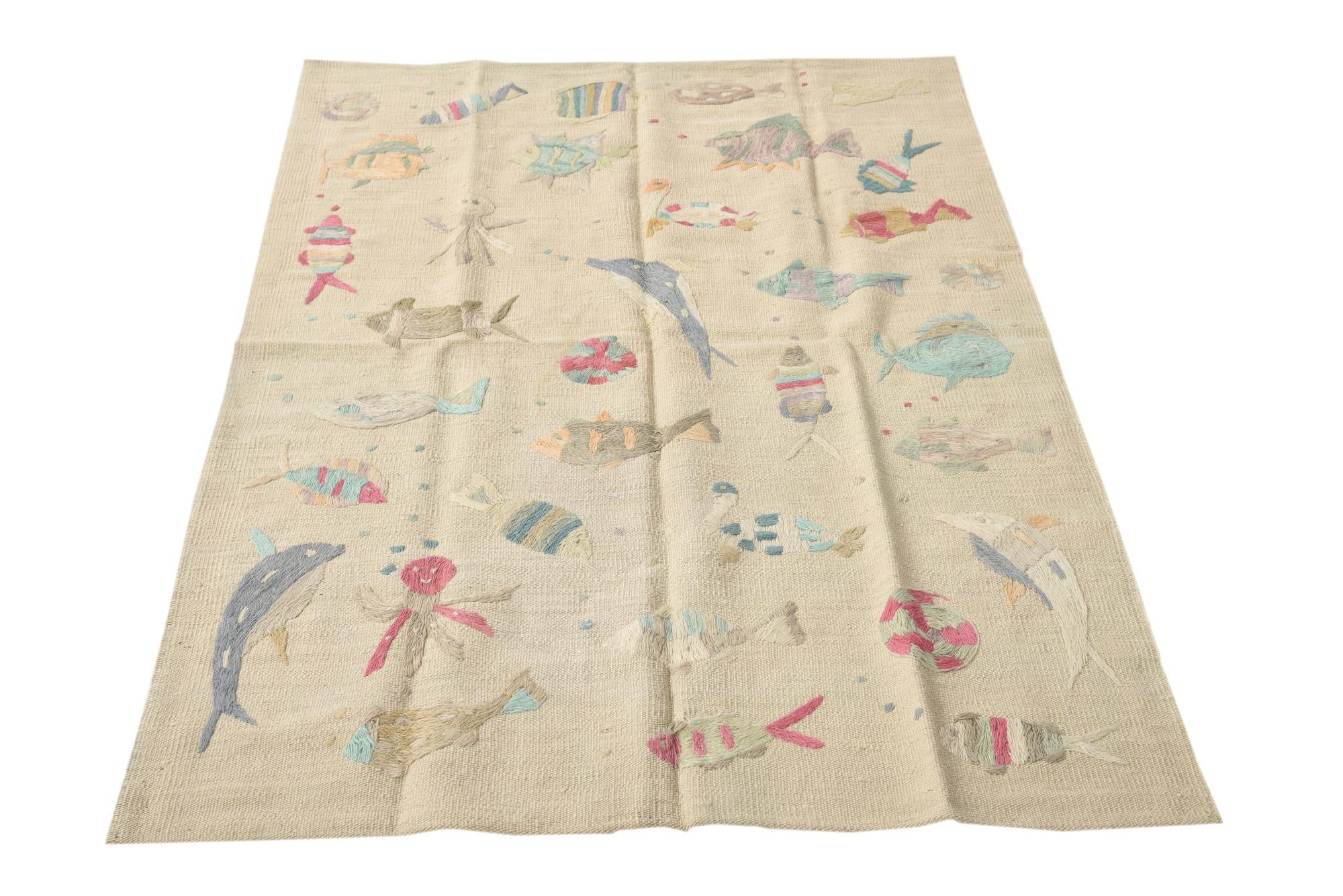 3' 2 x 4' 10 Hand Woven Kilim Suzani Wool Rug