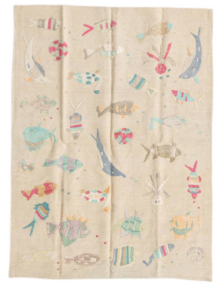 Detail image of 3' 2 x 4' 10 Hand Woven Kilim Suzani Wool Rug
