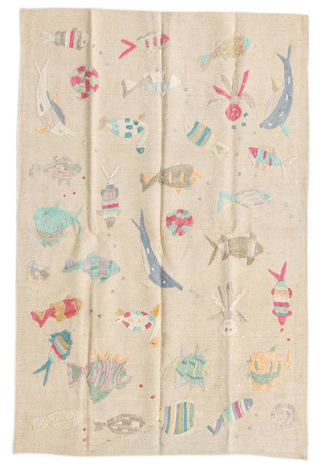 Detail image of 3' 2 x 4' 10 Hand Woven Kilim Suzani Wool Rug