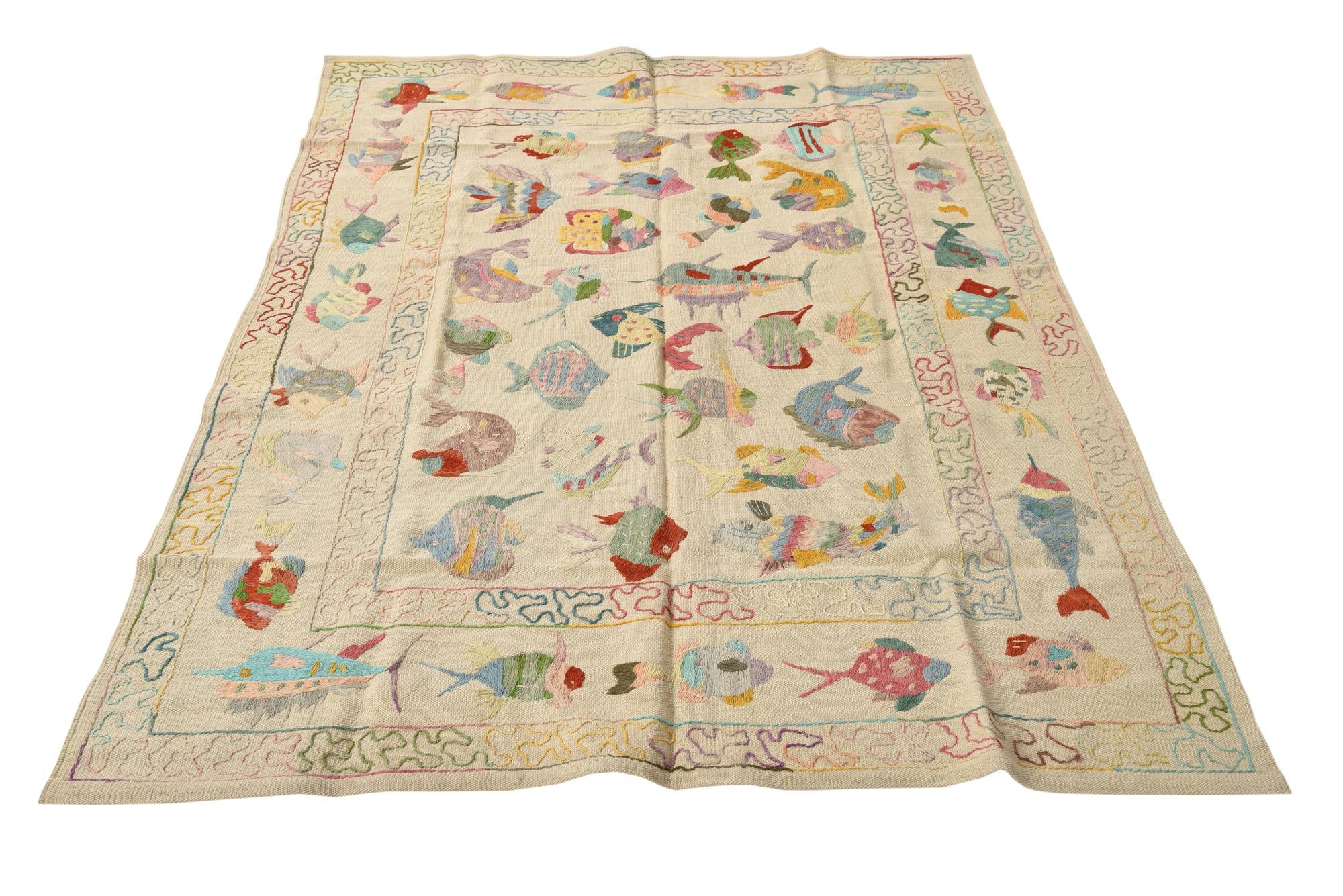 4' 9 x 6' 7 Hand Woven Kilim Suzani Wool Rug