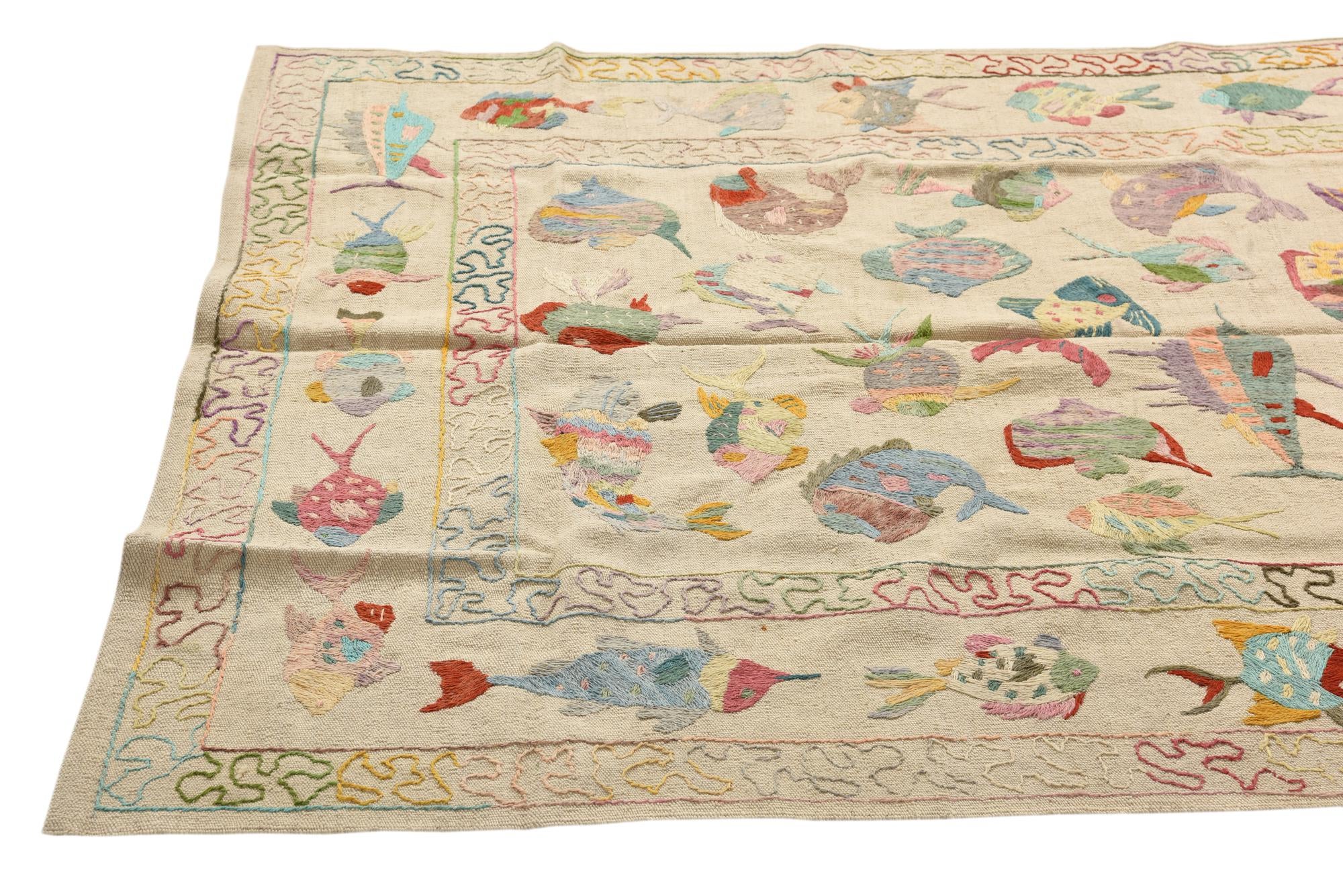 4' 9 x 6' 7 Hand Woven Kilim Suzani Wool Rug