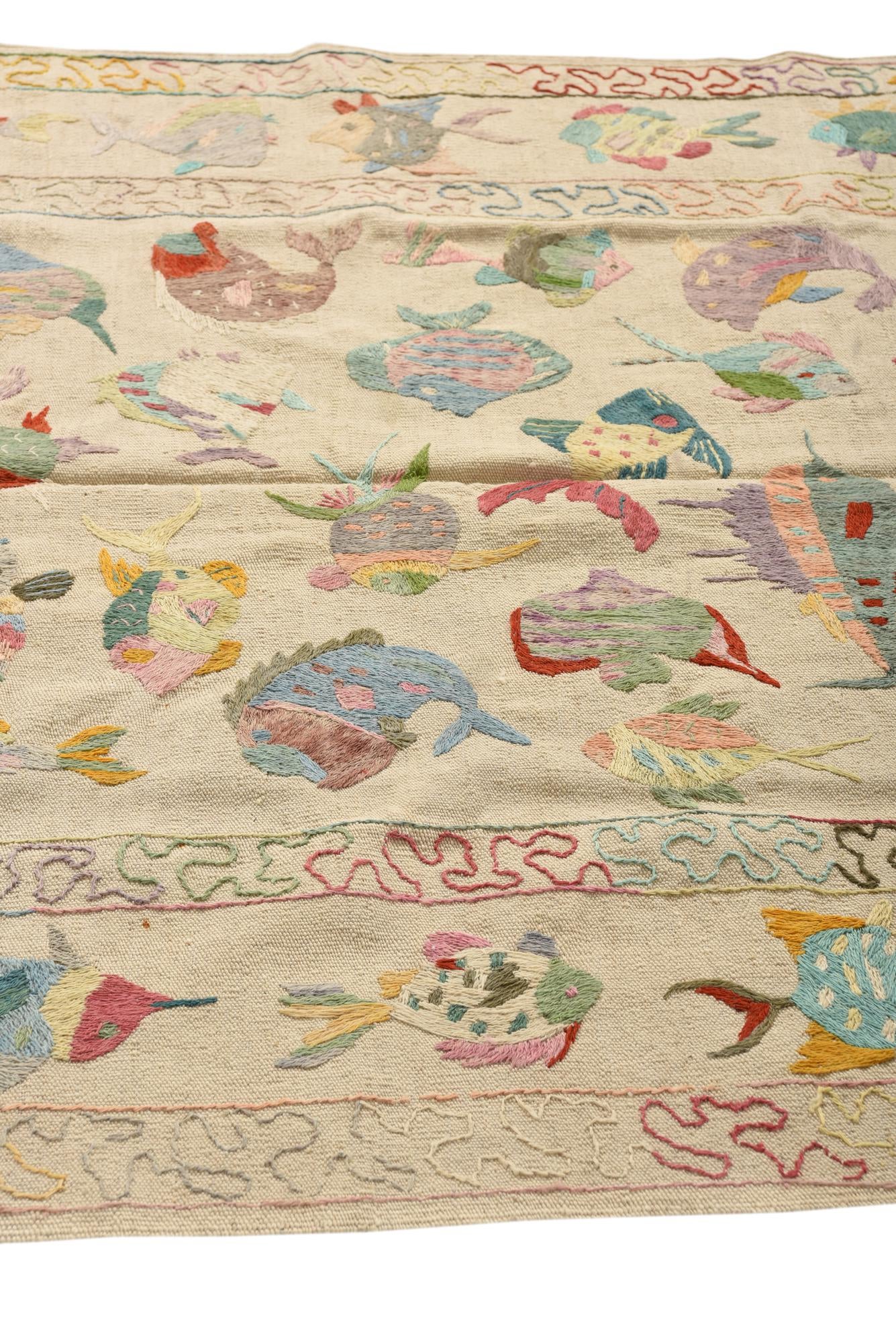 4' 9 x 6' 7 Hand Woven Kilim Suzani Wool Rug