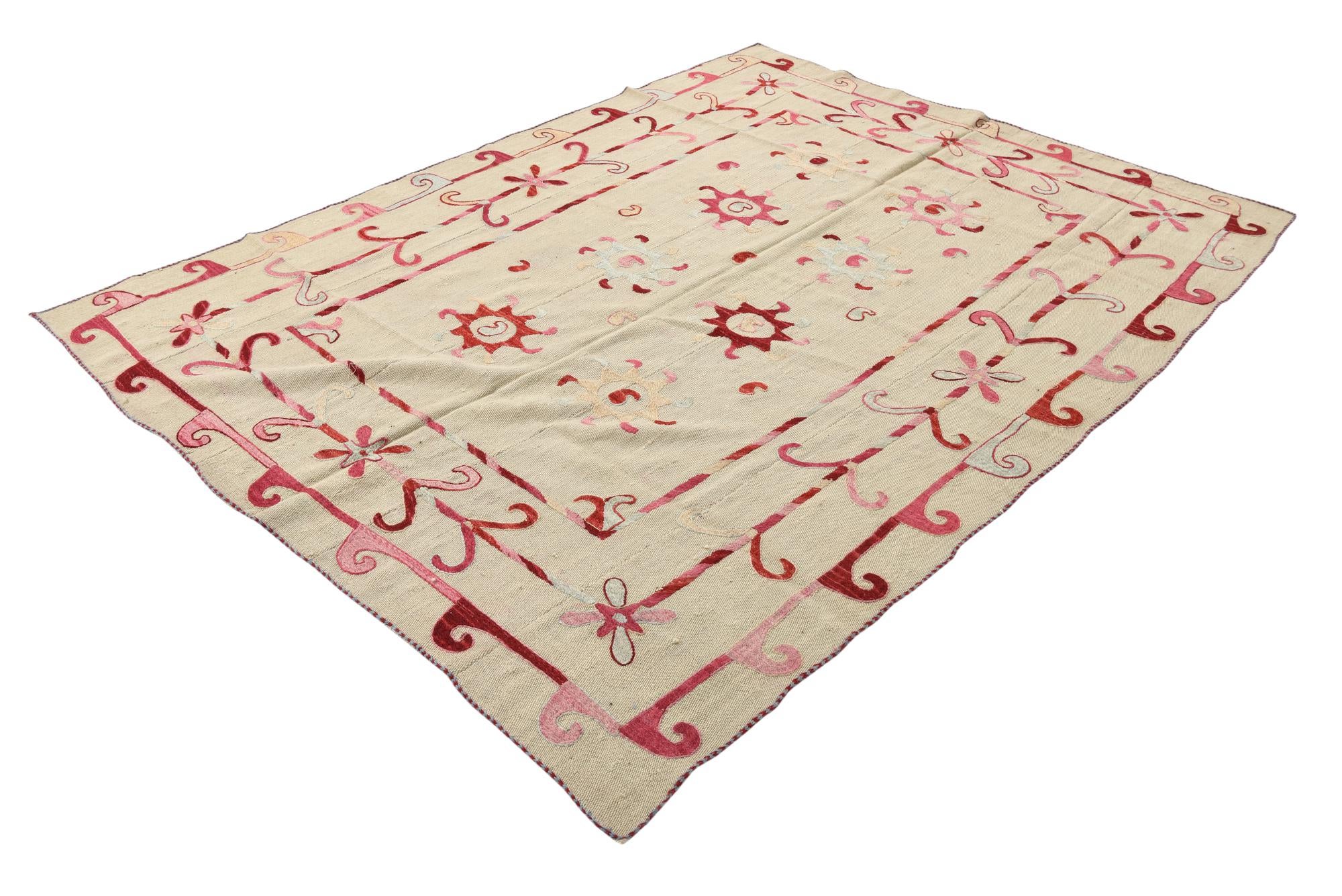 5' 7 x 7' 5 Hand Woven Kilim Suzani Wool Rug