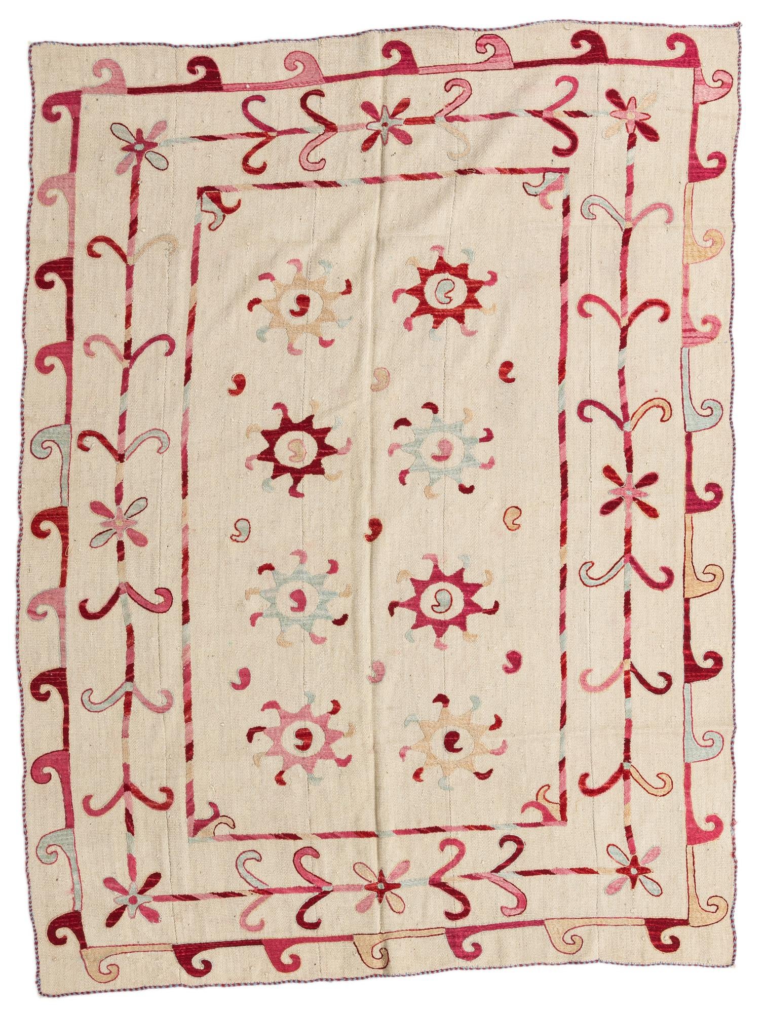 5' 7 x 7' 5 Hand Woven Kilim Suzani Wool Rug
