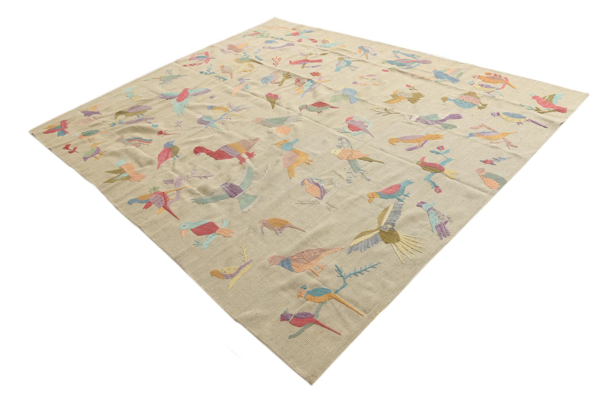 7' 10 x 9' 3 Hand Woven Kilim Suzani Wool Rug