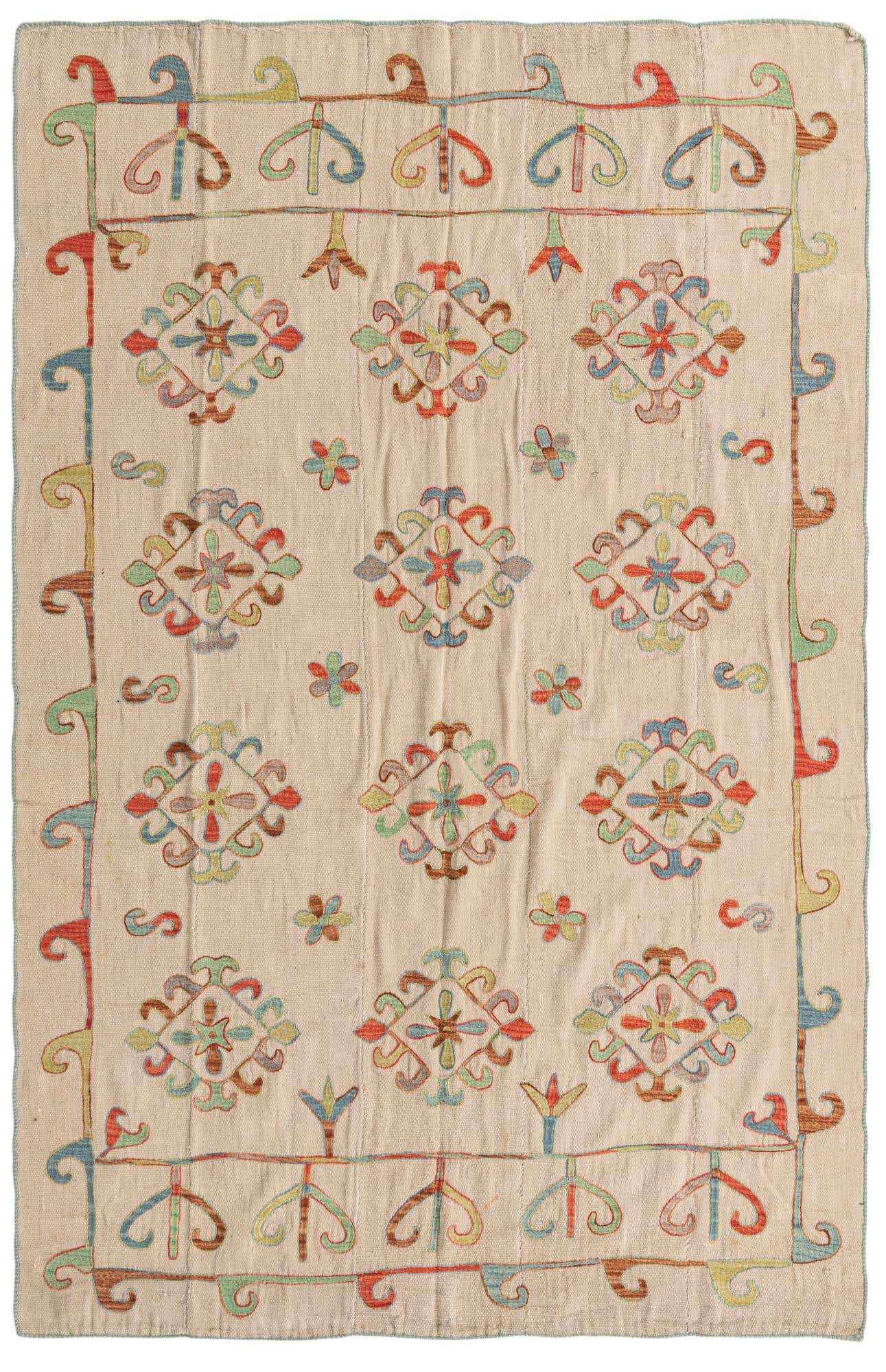 5' 4 x 8' 3 Hand Woven Kilim Suzani Wool Rug