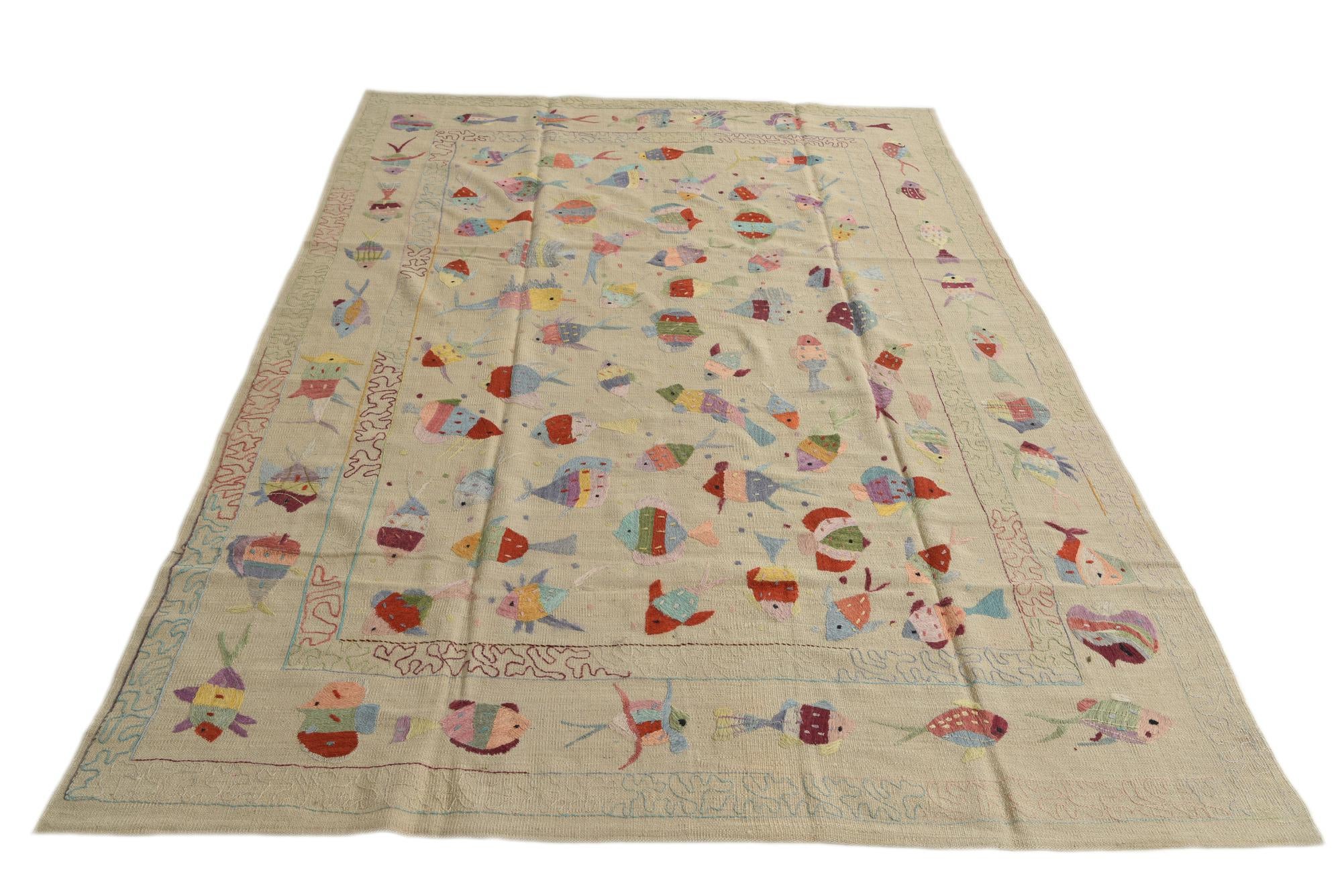 6' 6 x 9' 2 Hand Woven Kilim Suzani Wool Rug