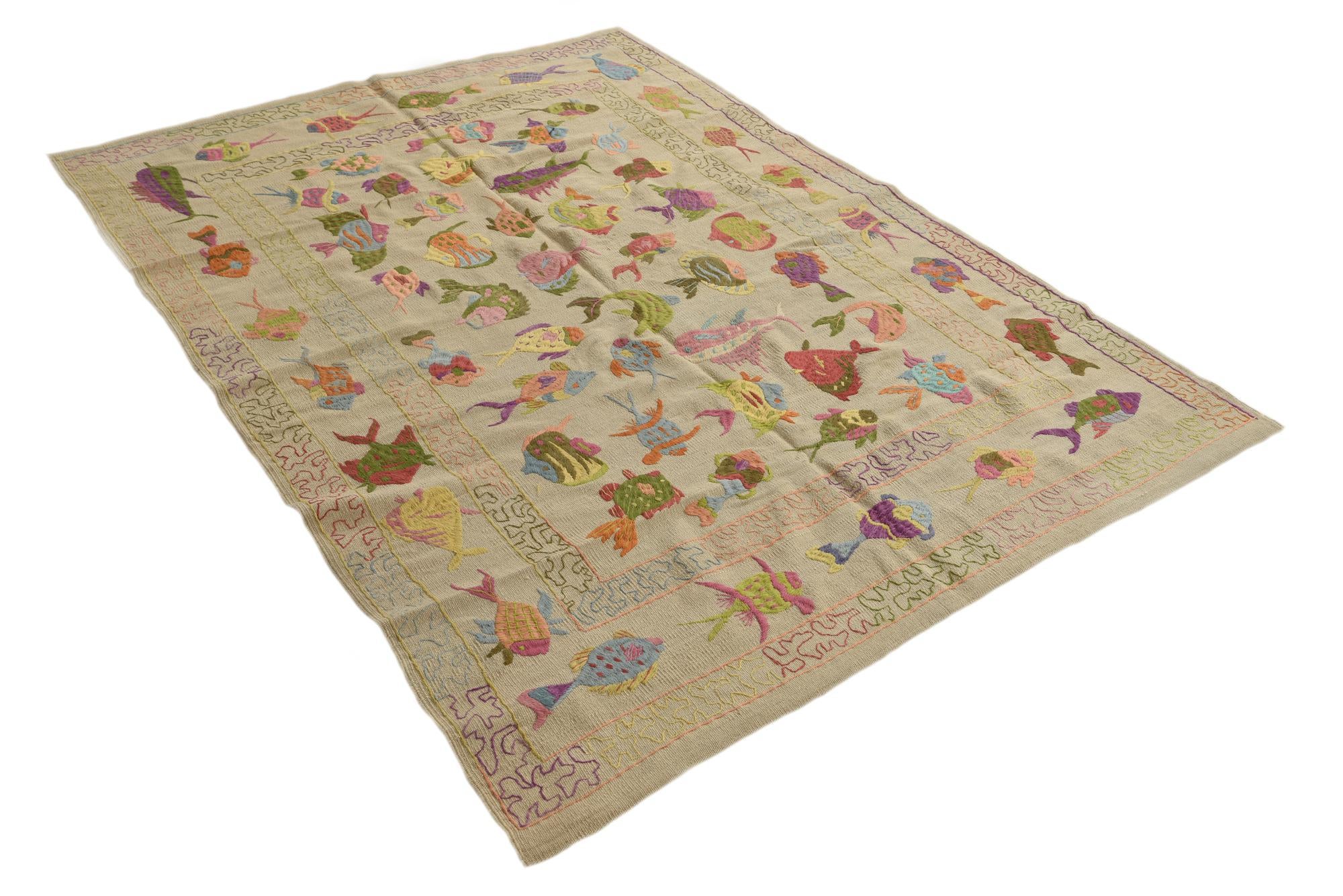 5' 6 x 7' 6 Hand Woven Kilim Suzani Wool Rug