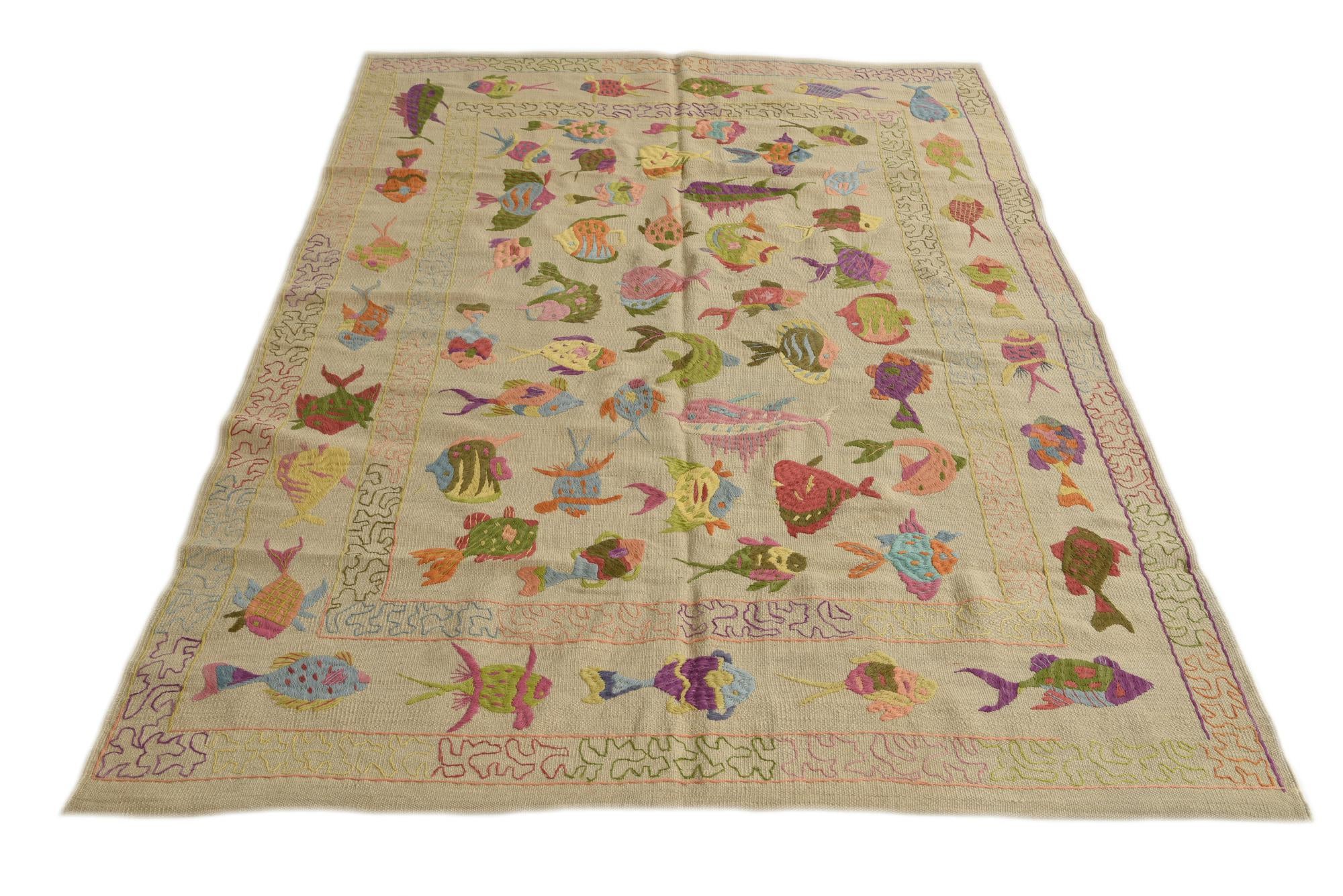 5' 6 x 7' 6 Hand Woven Kilim Suzani Wool Rug