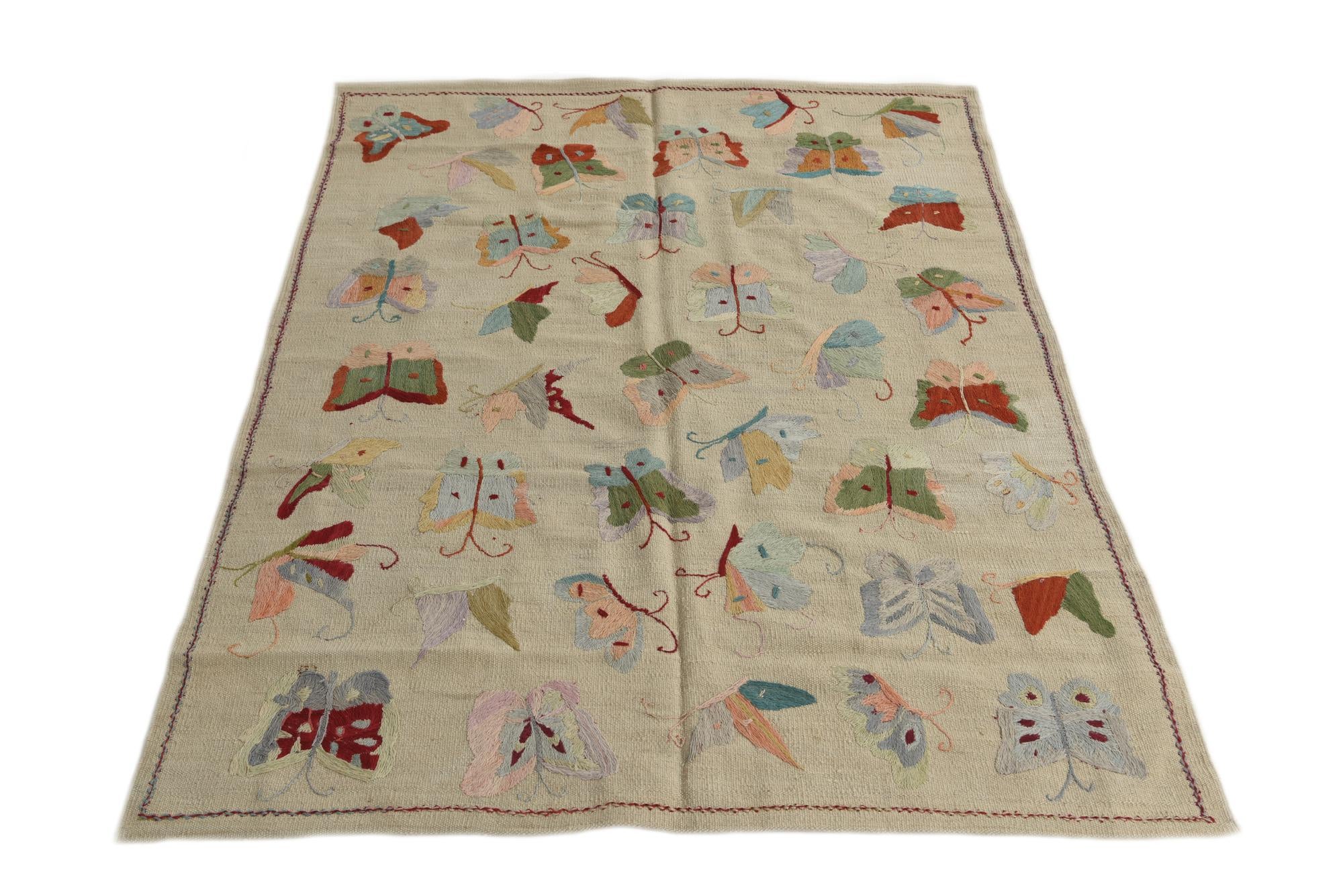 4' 3 x 5' 9 Hand Woven Kilim Suzani Wool Rug