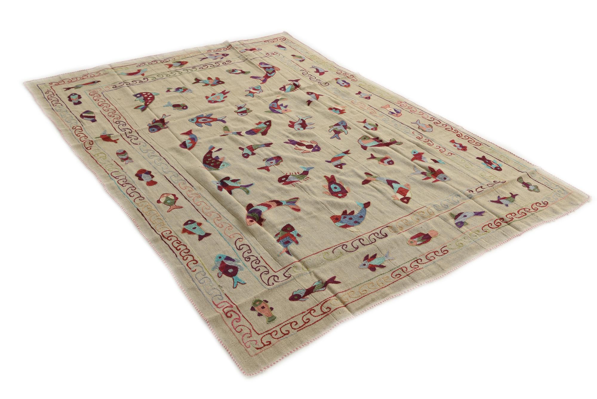 5' 8 x 7' 8 Hand Woven Kilim Suzani Wool Rug