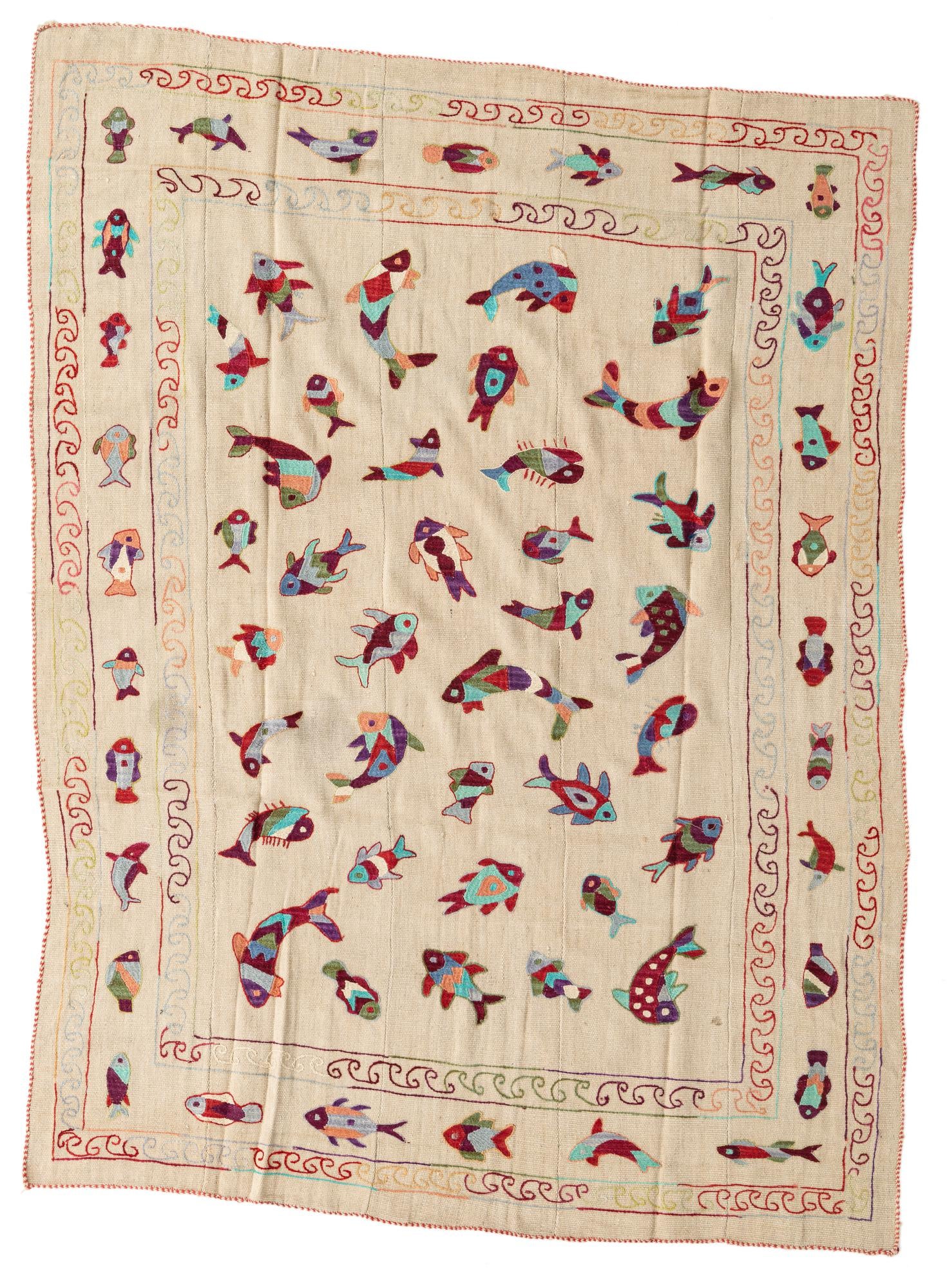 5' 8 x 7' 8 Hand Woven Kilim Suzani Wool Rug