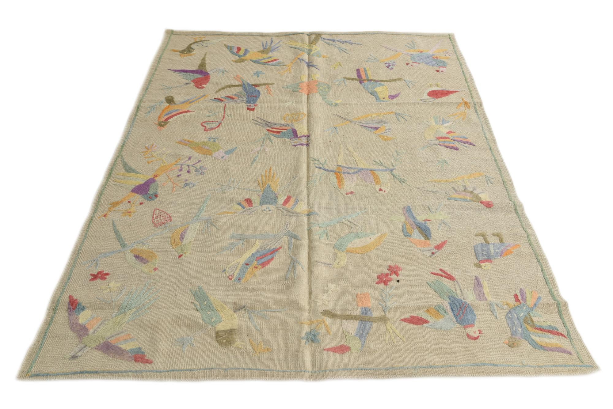 5' 4 x 7' 3 Hand Woven Kilim Suzani Wool Rug