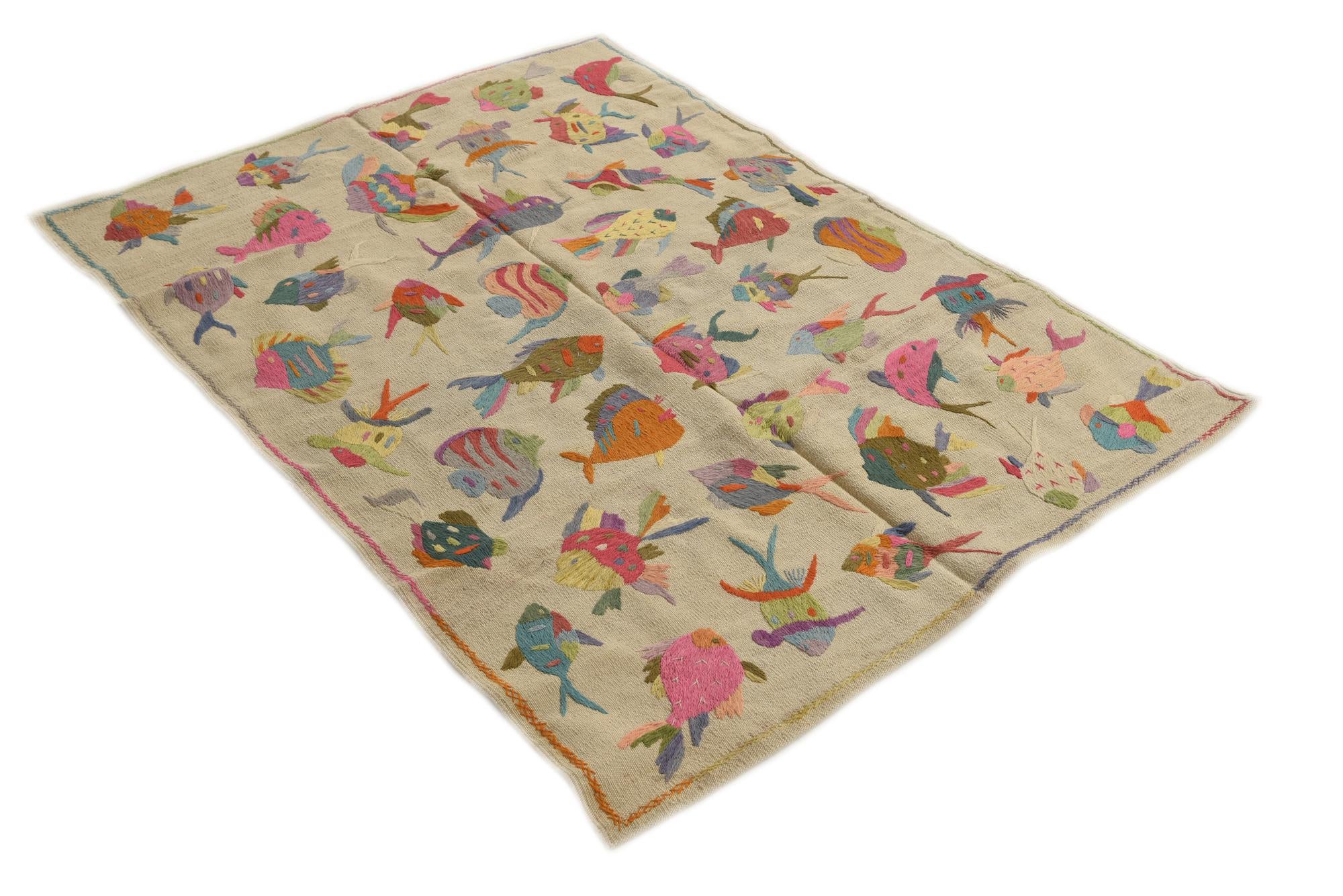 4' 2 x 5' 7 Hand Woven Kilim Suzani Wool Rug