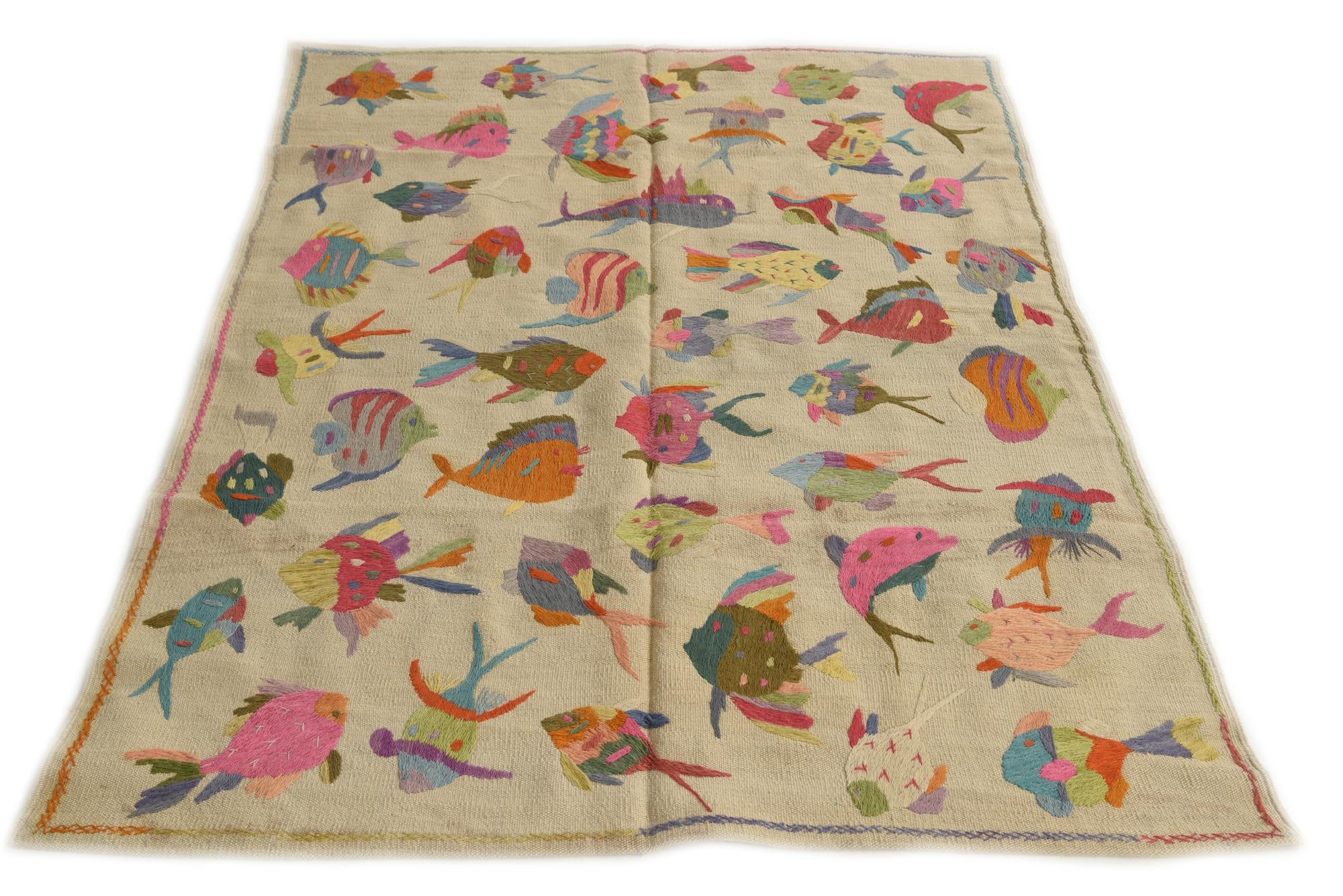 4' 2 x 5' 7 Hand Woven Kilim Suzani Wool Rug