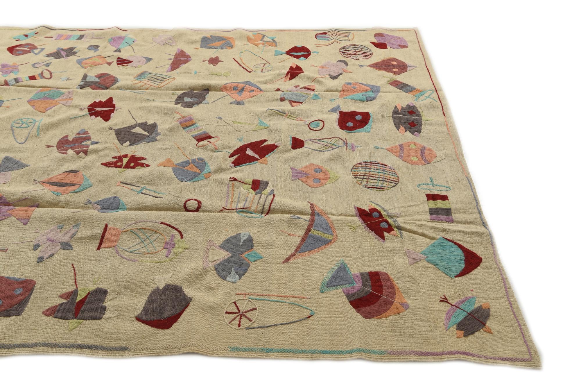 7' x 9' 2 Hand Woven Kilim Suzani Wool Rug