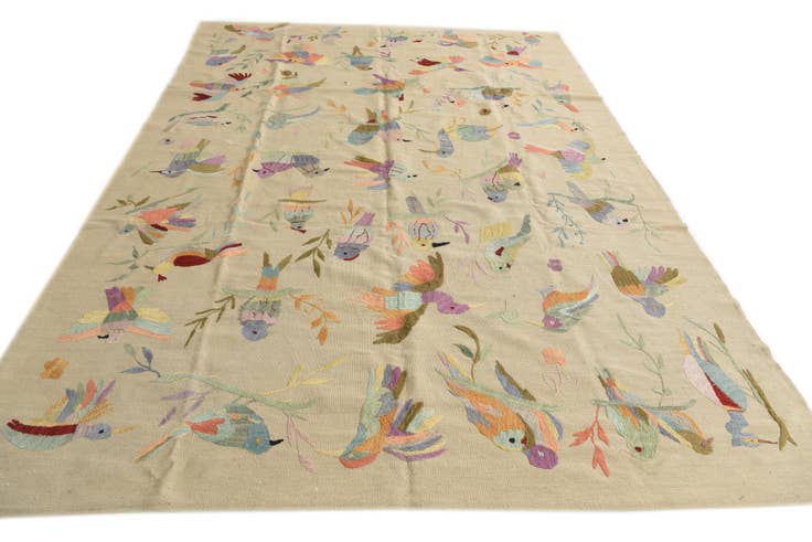 Detailfoto van 200cm x 285cm Handgeweven Kilim Suzani Wol Vloerkleed