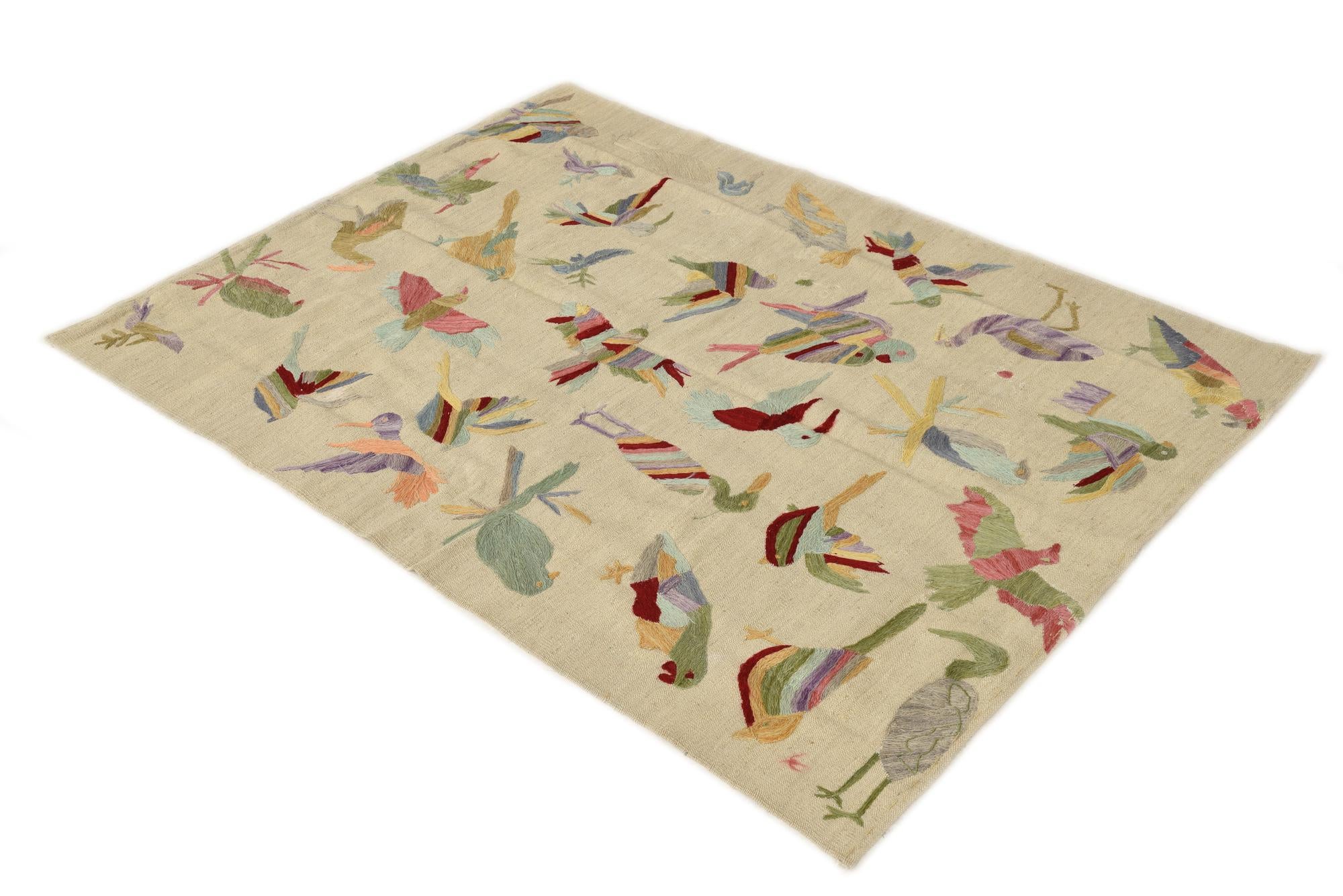 4' 2 x 5' 8 Hand Woven Kilim Suzani Wool Rug