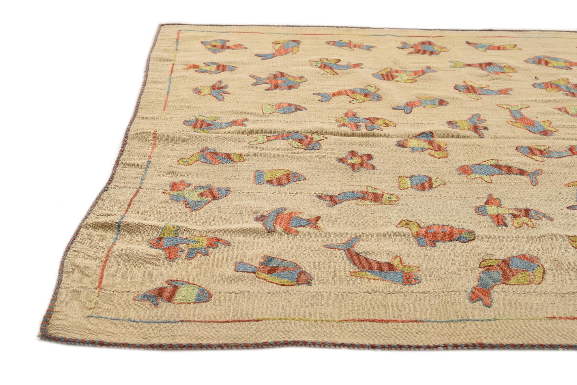 5' 2 x 6' 8 Hand Woven Kilim Suzani Wool Rug