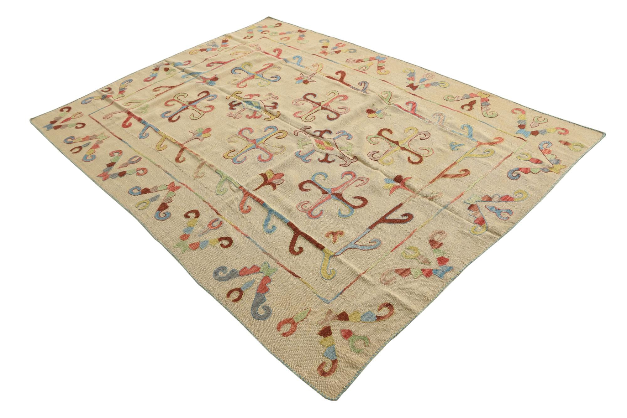 5' 9 x 7' 9 Hand Woven Kilim Suzani Wool Rug