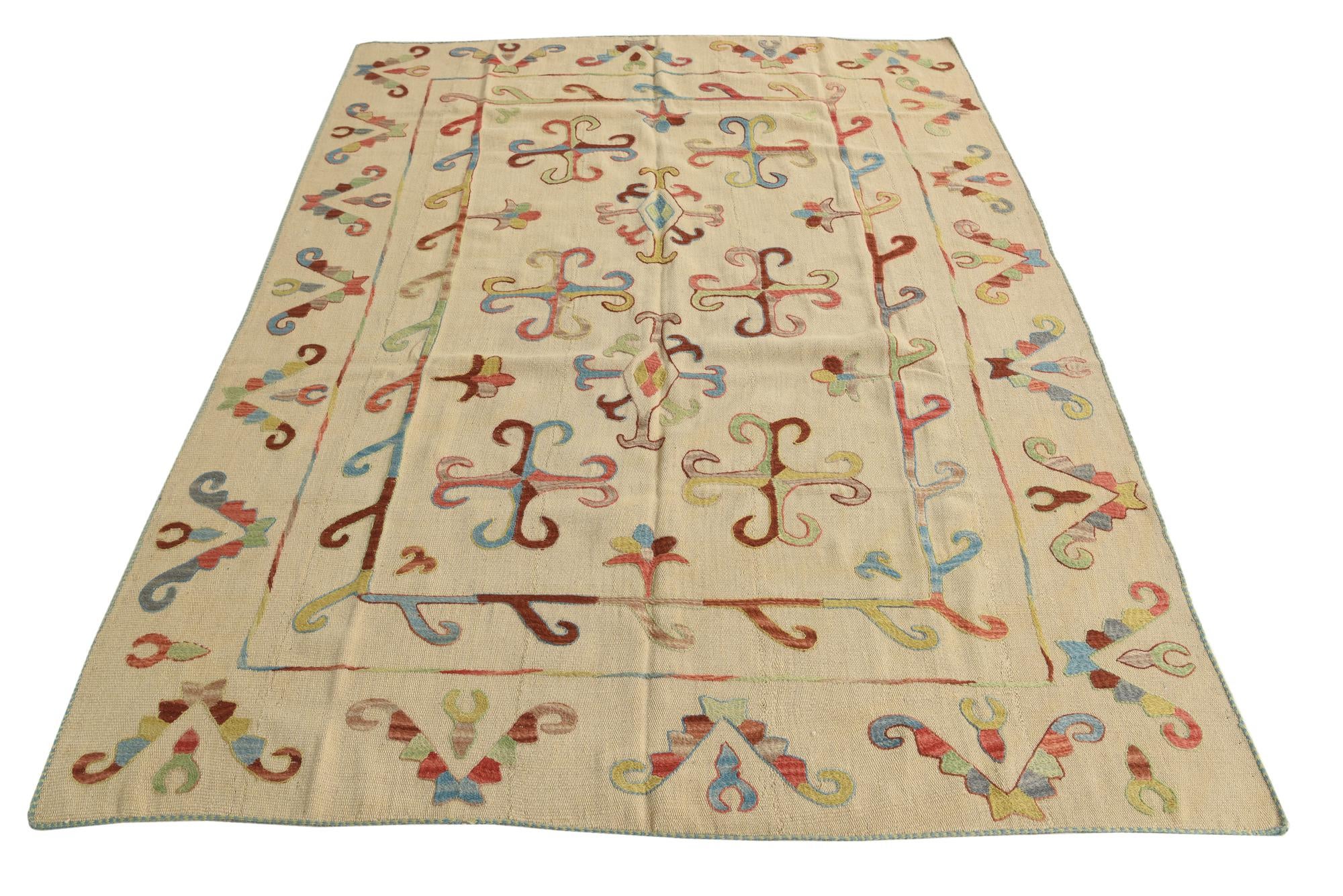 5' 9 x 7' 9 Hand Woven Kilim Suzani Wool Rug