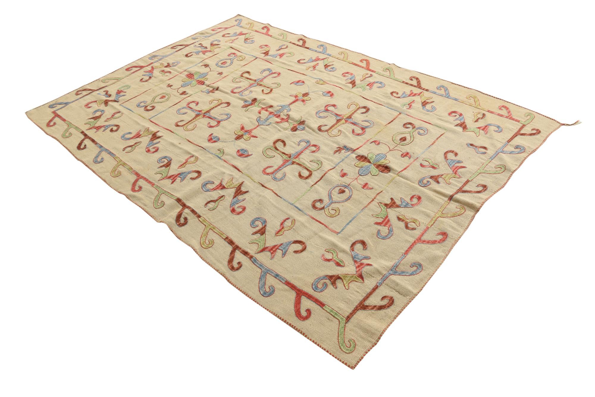 5' 6 x 7' 7 Hand Woven Kilim Suzani Wool Rug