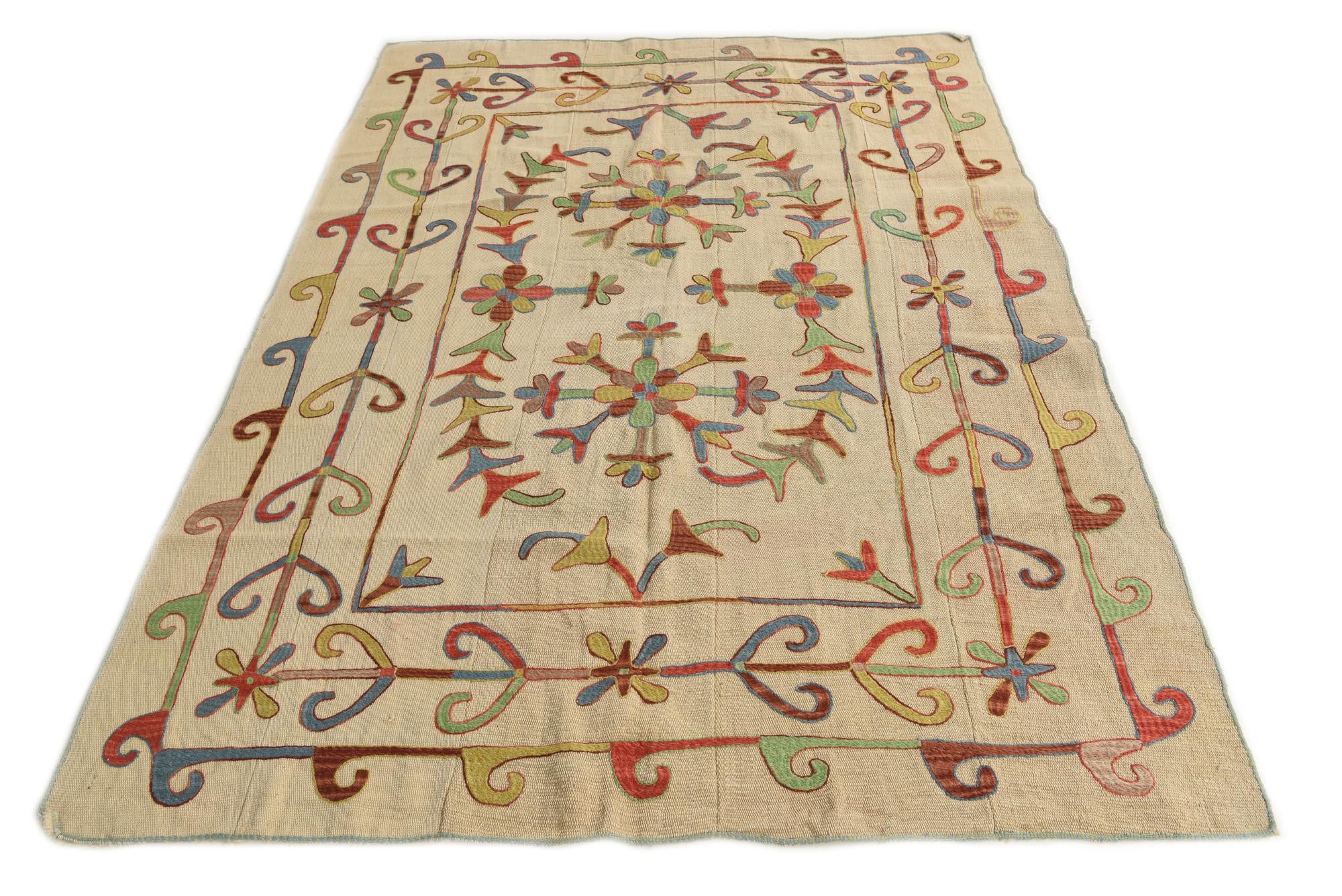 5' 7 x 7' 4 Hand Woven Kilim Suzani Wool Rug