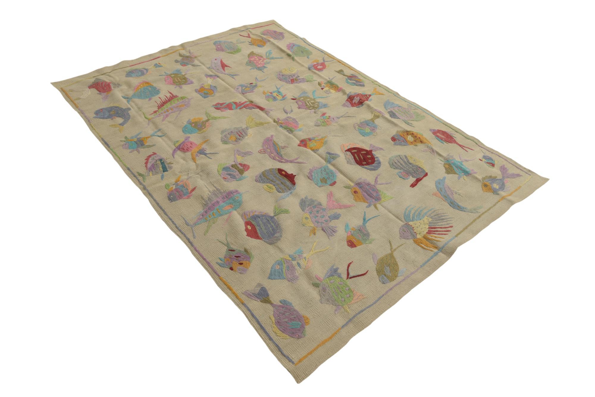 4' 9 x 6' 8 Hand Woven Kilim Suzani Wool Rug