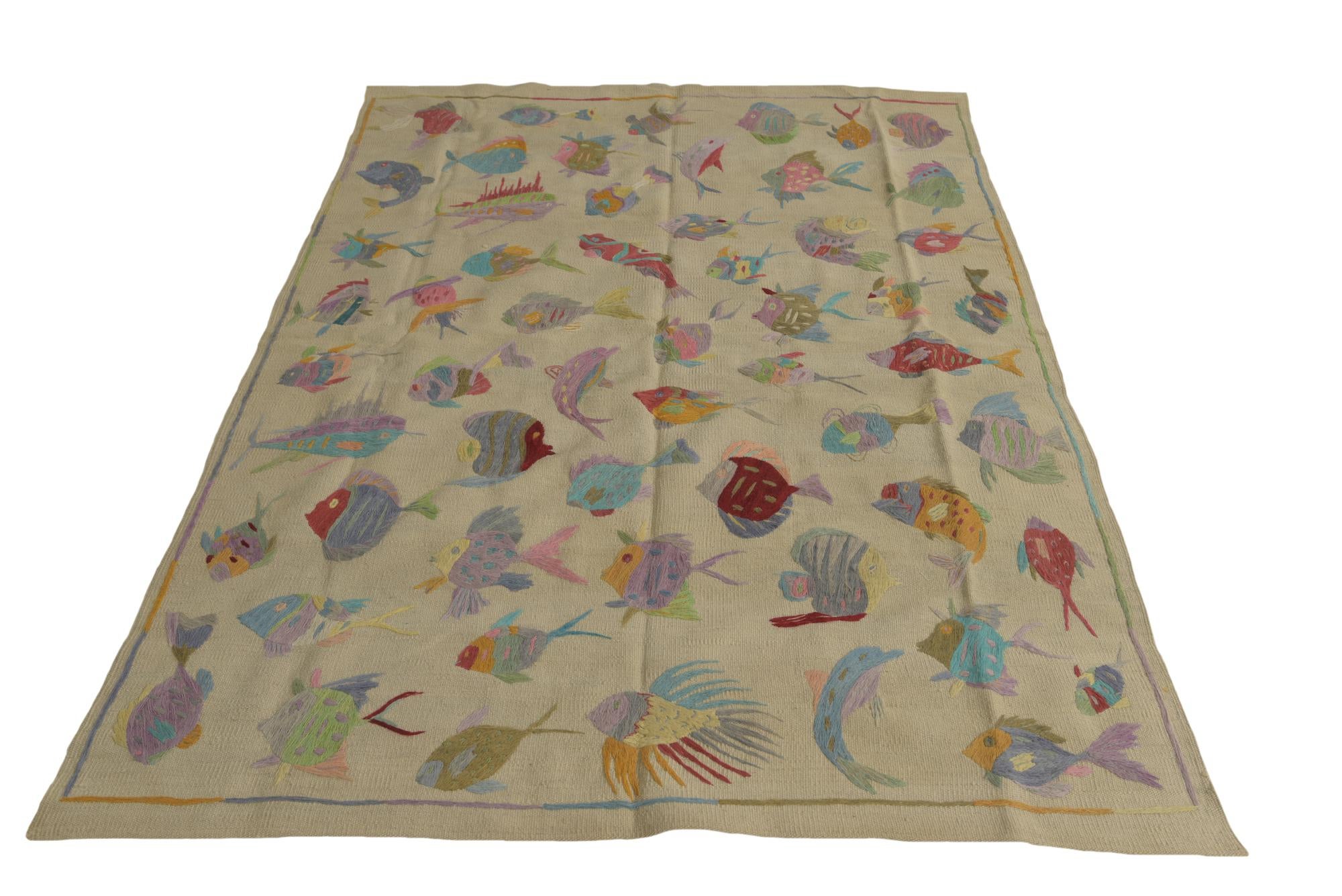 4' 9 x 6' 8 Hand Woven Kilim Suzani Wool Rug