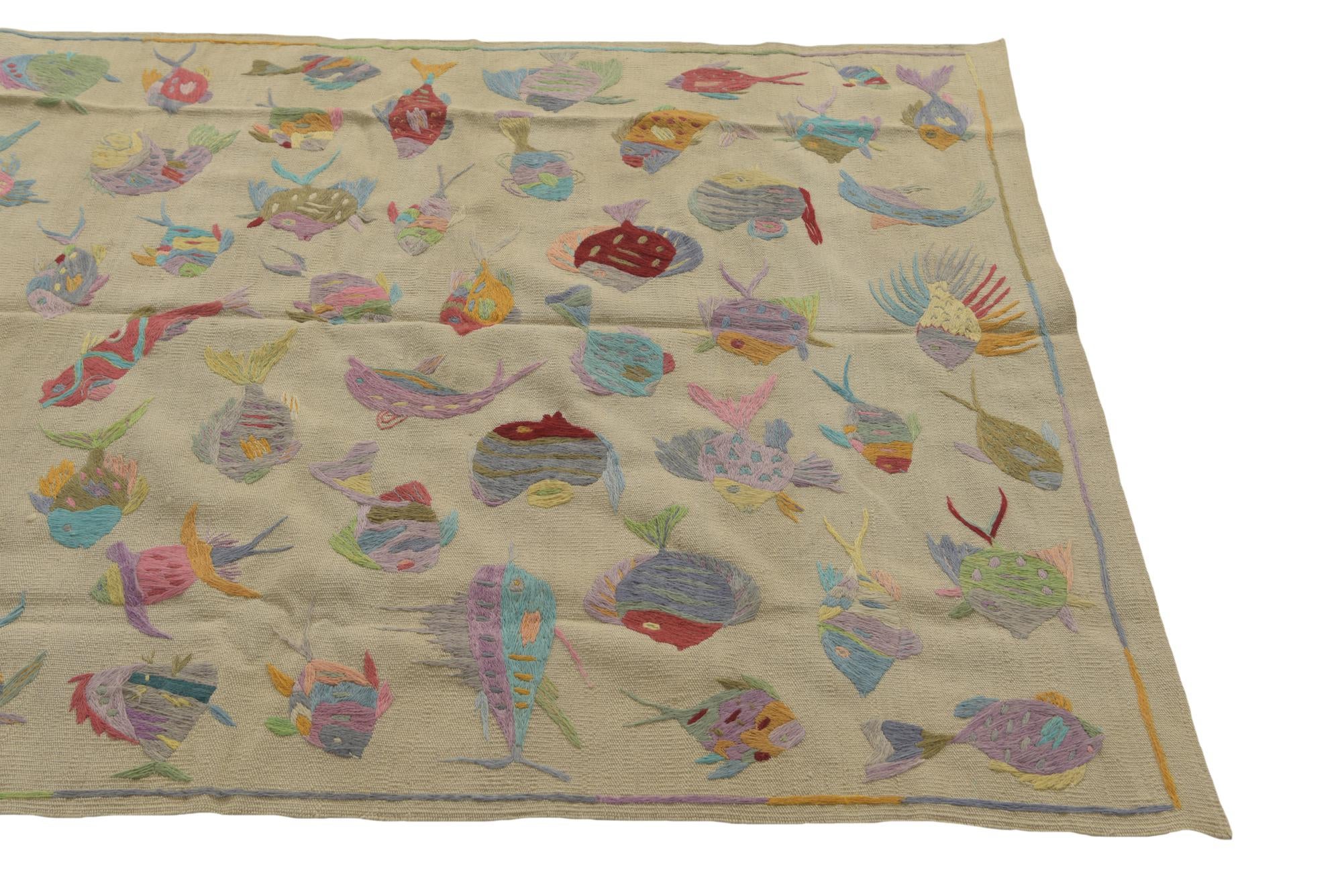 4' 9 x 6' 8 Hand Woven Kilim Suzani Wool Rug