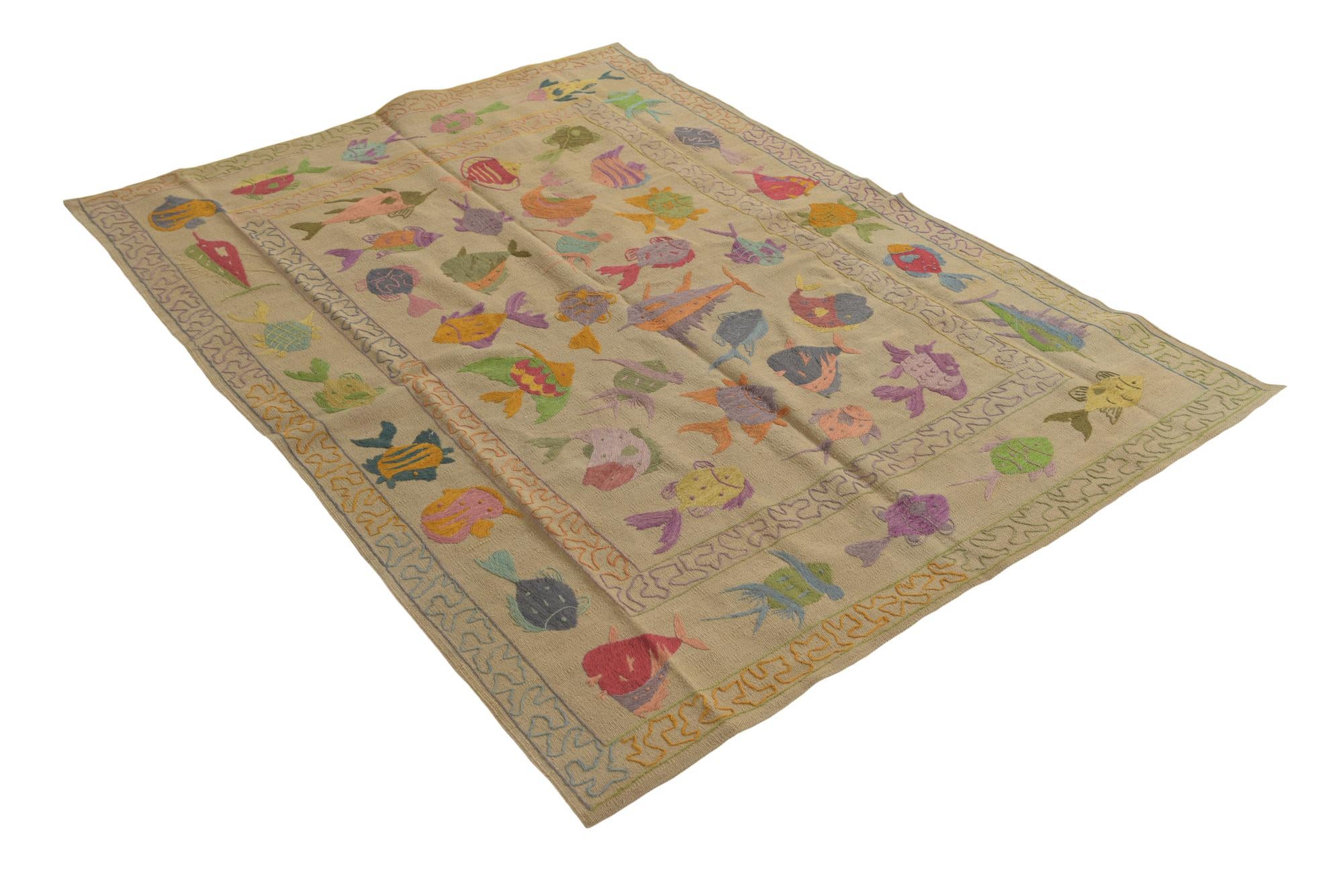 4' 9 x 6' 7 Hand Woven Kilim Suzani Wool Rug