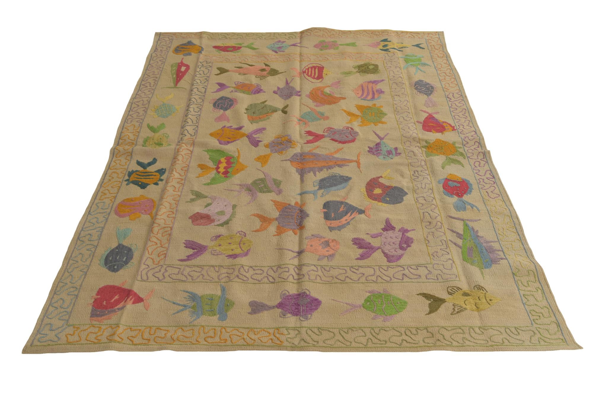 4' 9 x 6' 7 Hand Woven Kilim Suzani Wool Rug