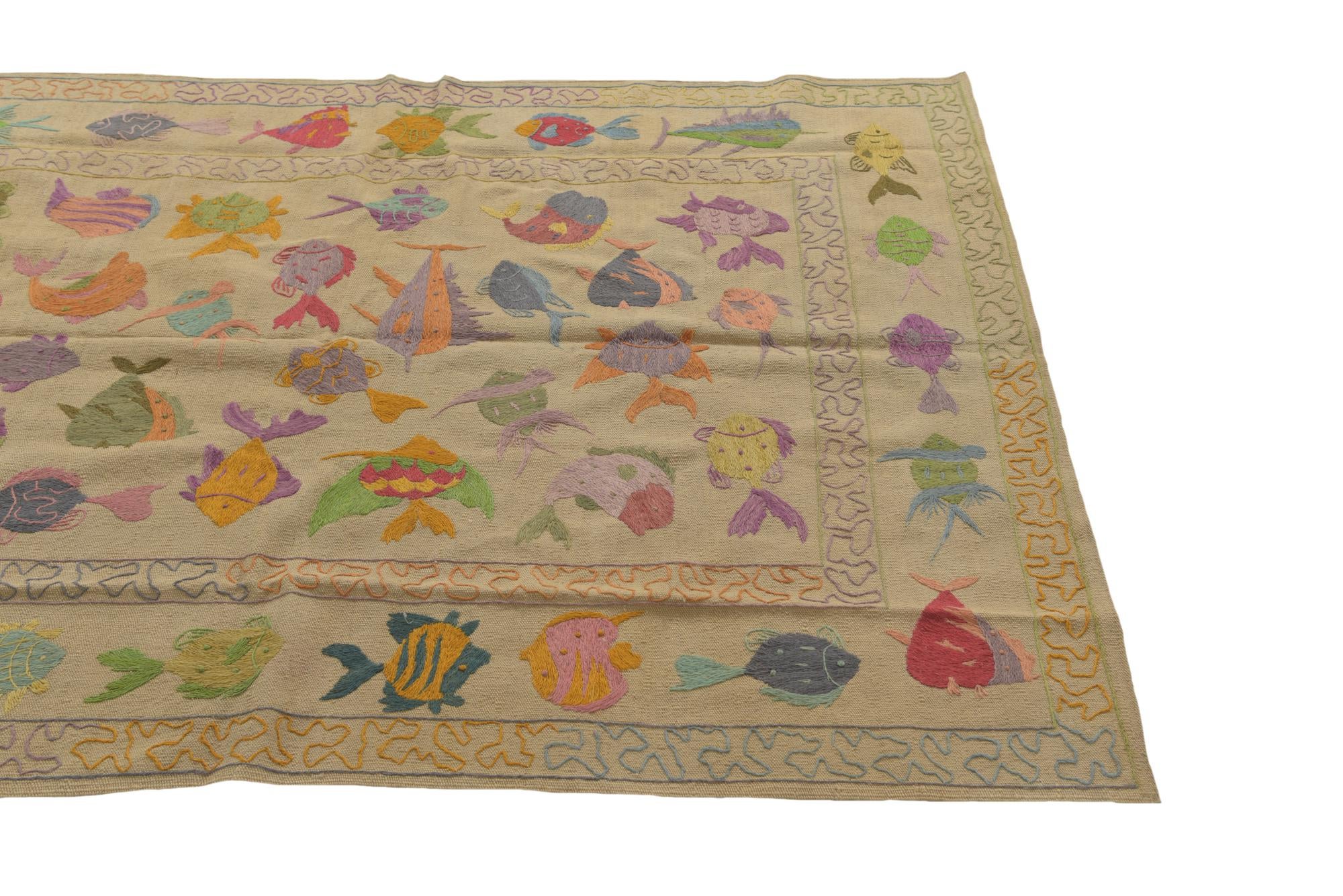 4' 9 x 6' 7 Hand Woven Kilim Suzani Wool Rug