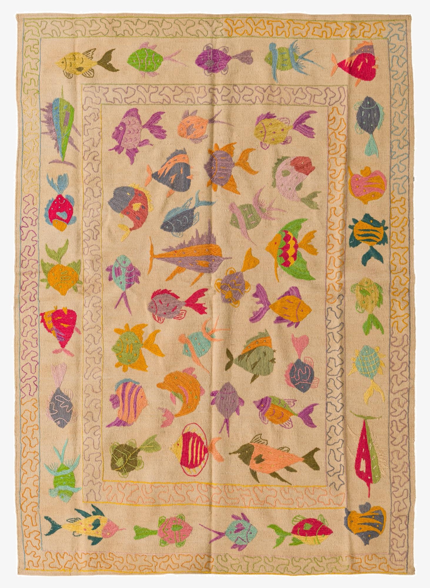 4' 9 x 6' 7  Hand Woven Kilim Suzani Wool Rug