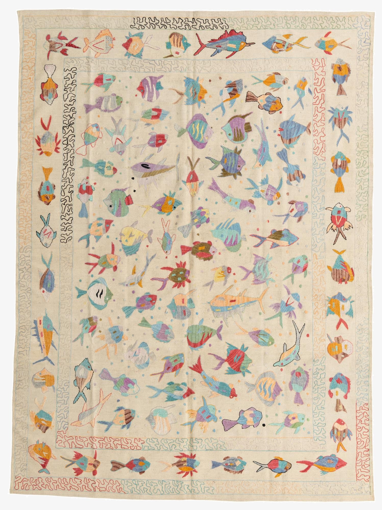 7' 1 x 9' 8  Hand Woven Kilim Suzani Wool Rug