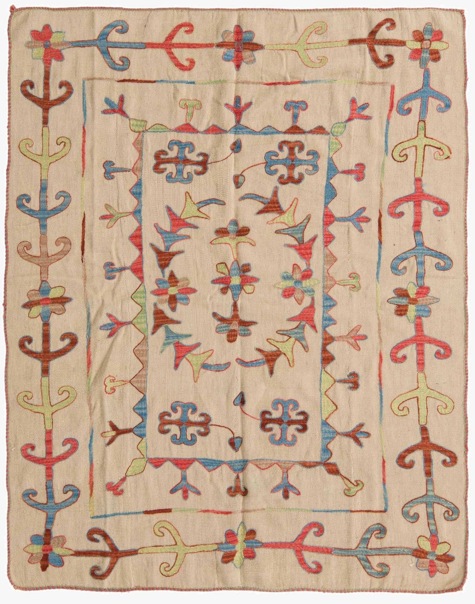 4' 11 x 6' 6  Hand Woven Kilim Suzani Wool Rug