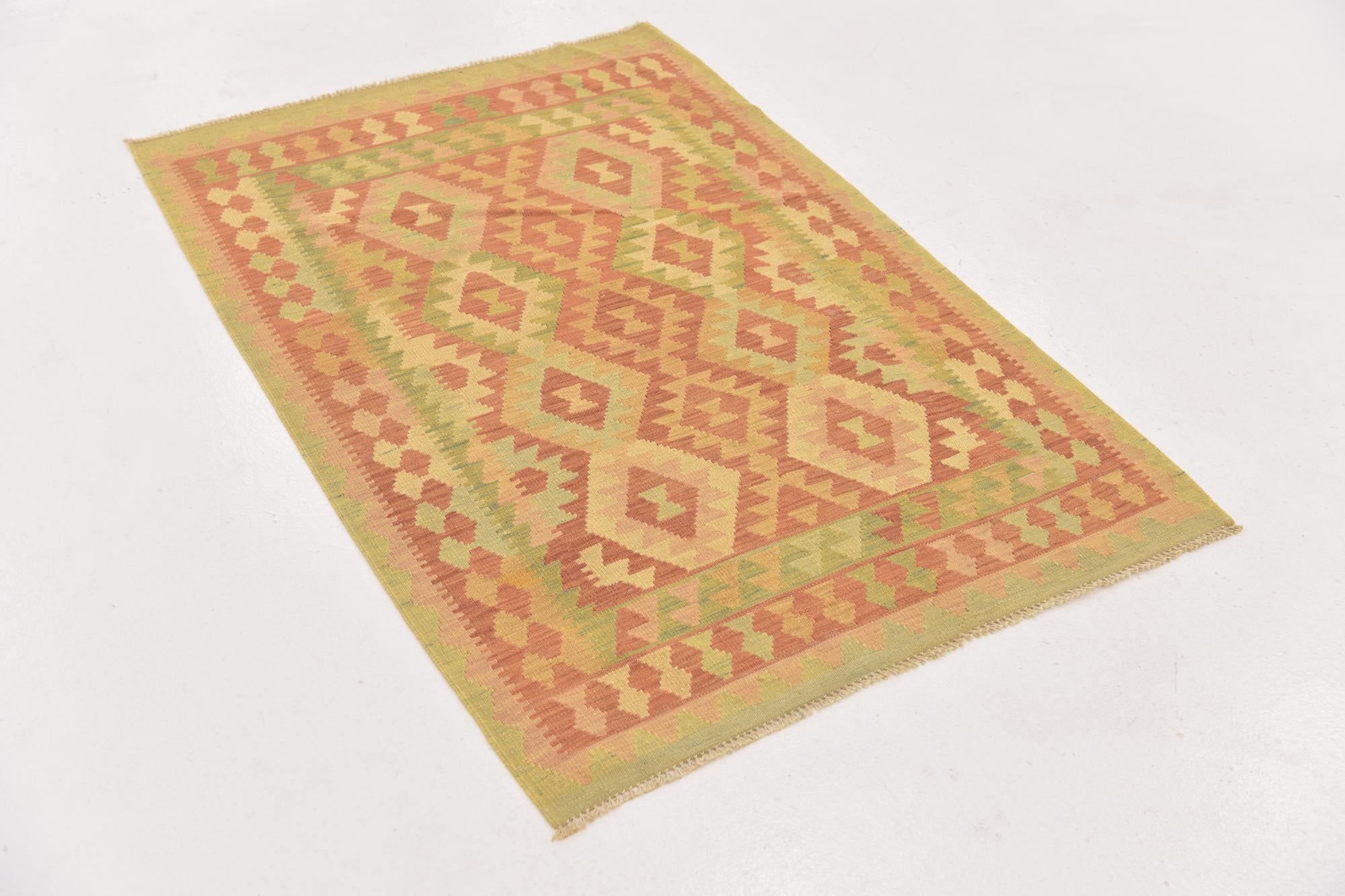 3' 2 x 4' 10 Hand Woven Kilim Waziri Wool Rug