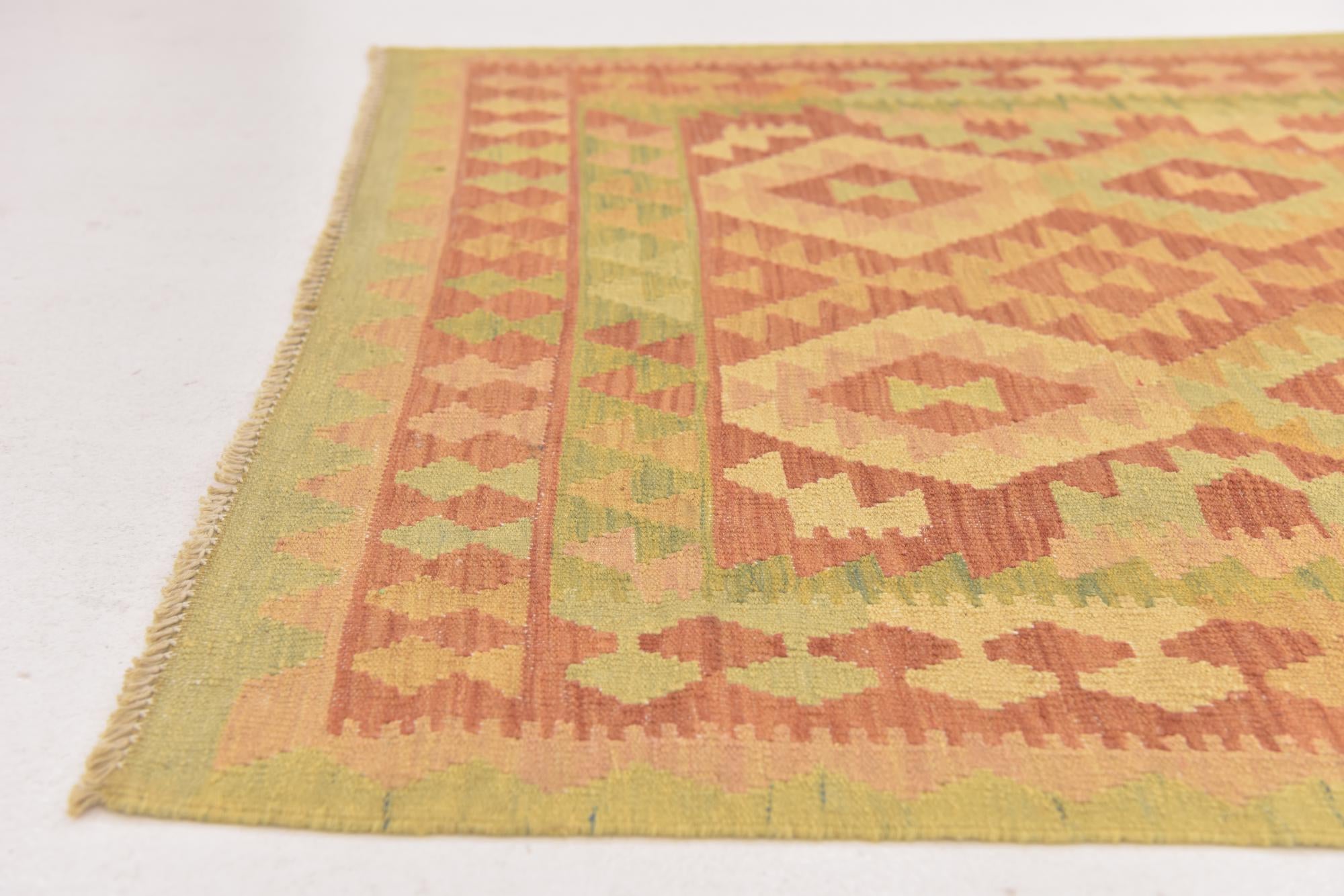 3' 2 x 4' 10 Hand Woven Kilim Waziri Wool Rug