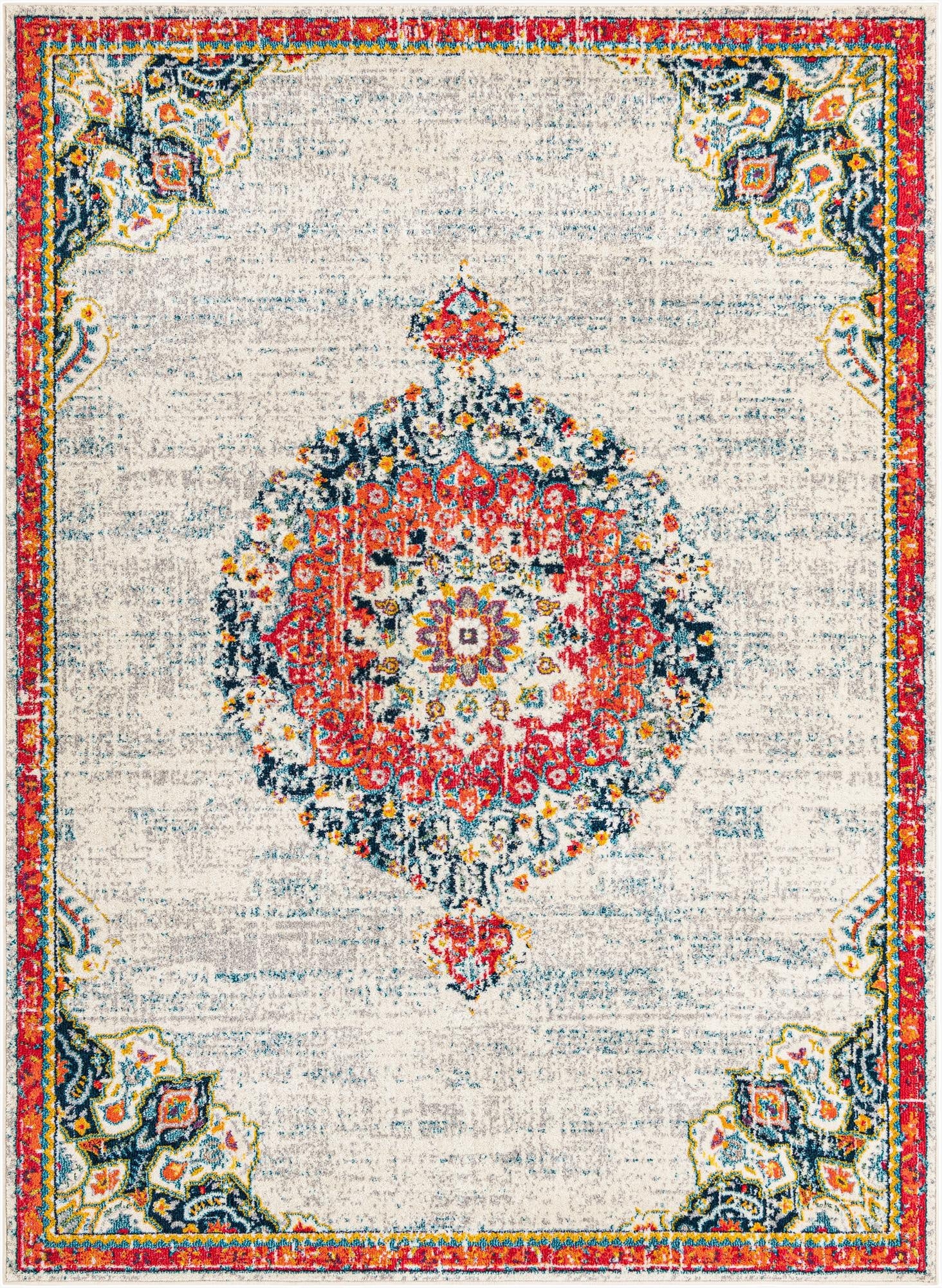 An 8x11 rectangular ivory area rug with a vibrant red and blue medallion pattern, featuring a distressed traditional and bohemian style.