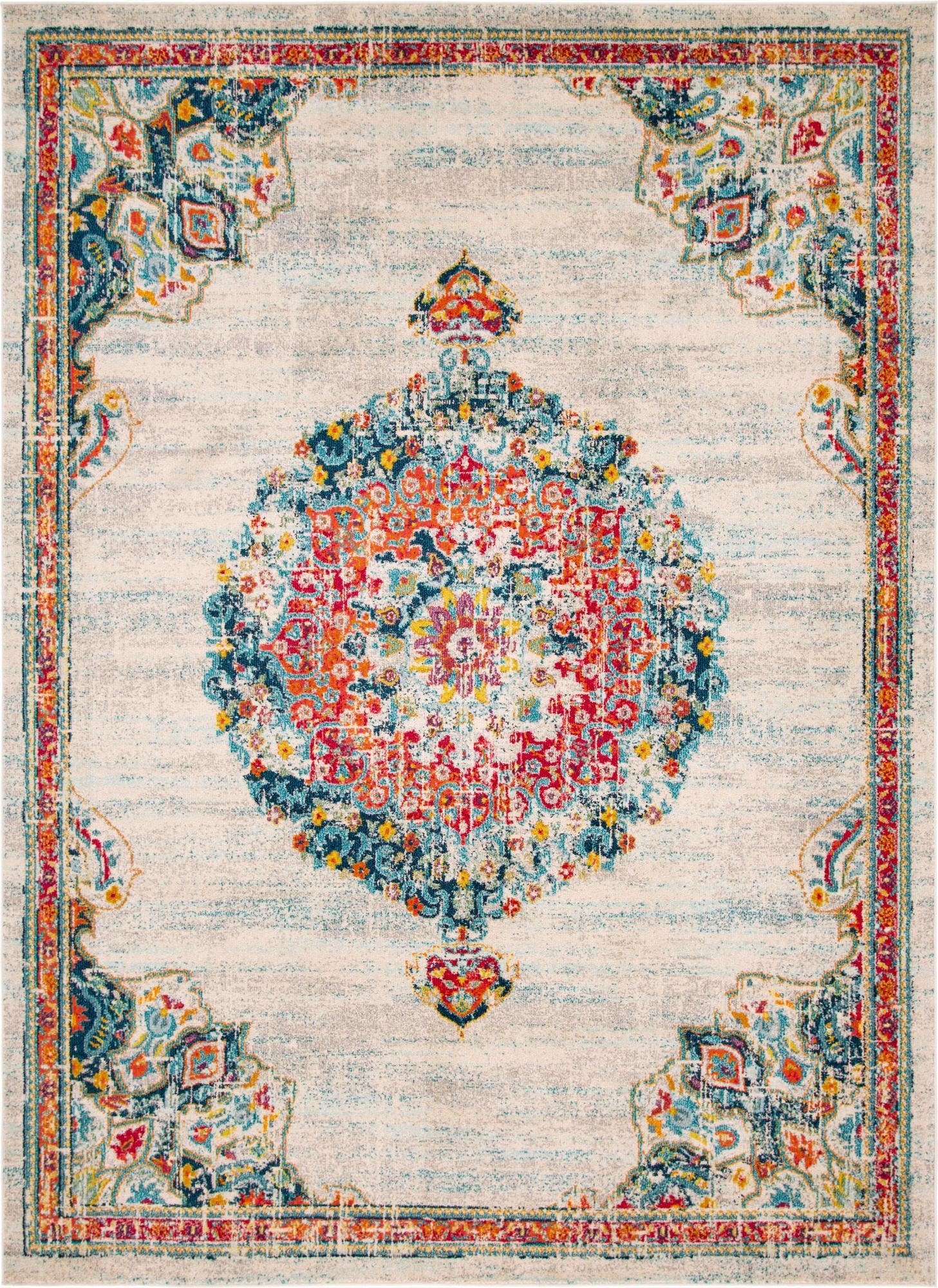 A 9x12 rectangular ivory rug with a distressed bohemian medallion pattern in vibrant red, blue, orange, and yellow.