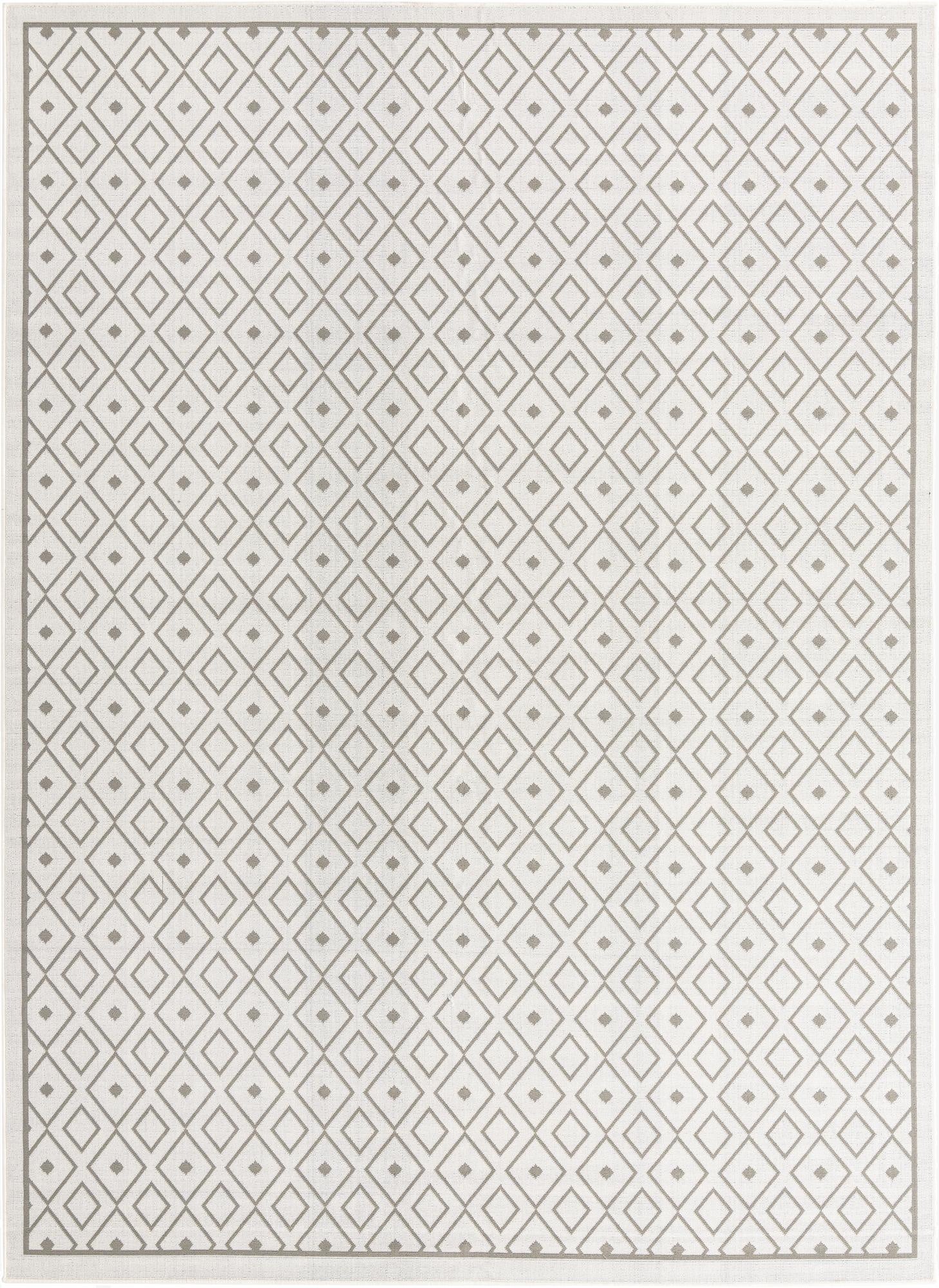 A 9x12 rectangular ivory and cream rug with a modern Scandinavian diamond lattice pattern, suitable for indoor or outdoor use.