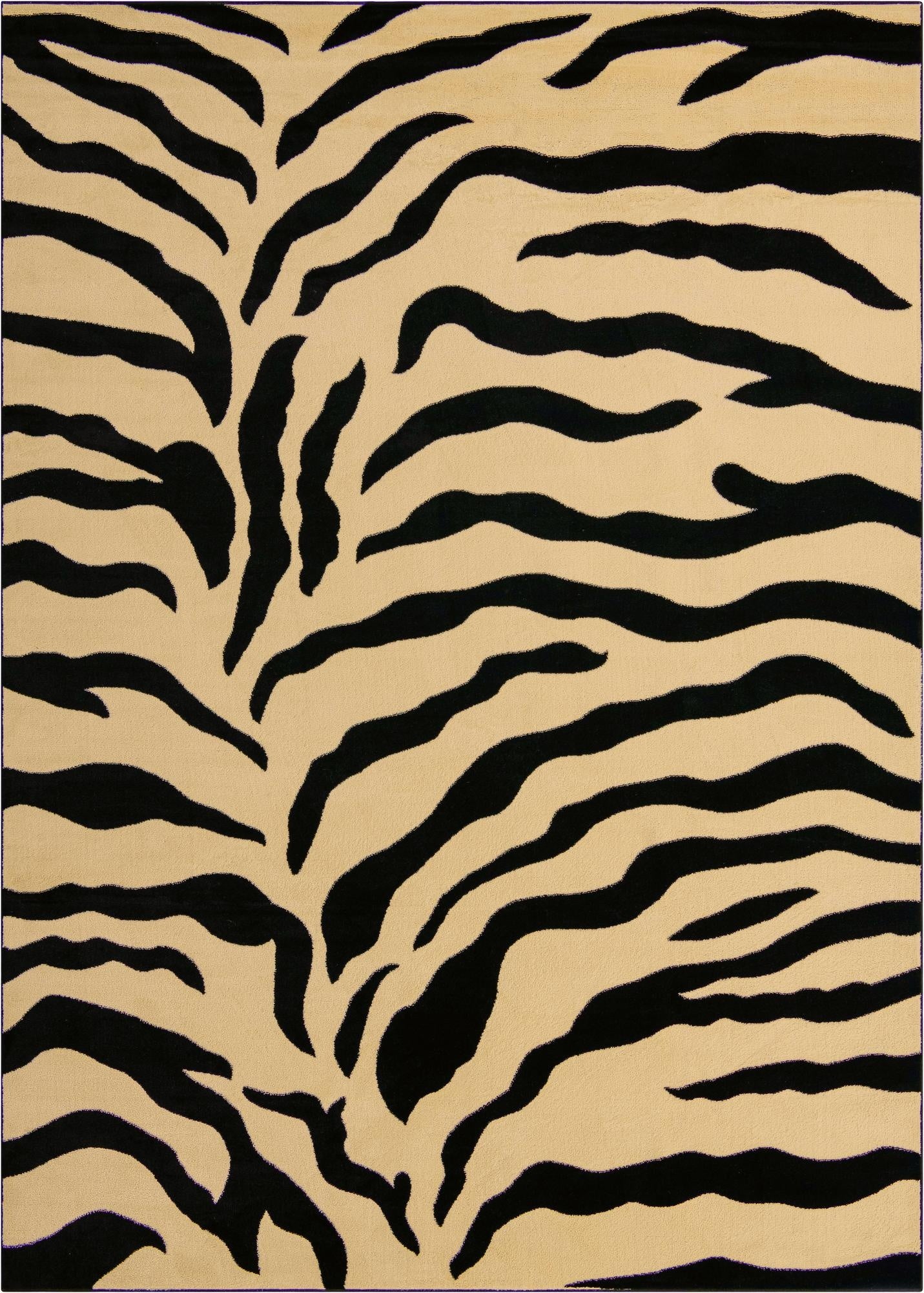A 9x12 rectangular area rug featuring a bold black and ivory zebra stripe pattern, ideal for a modern living room.