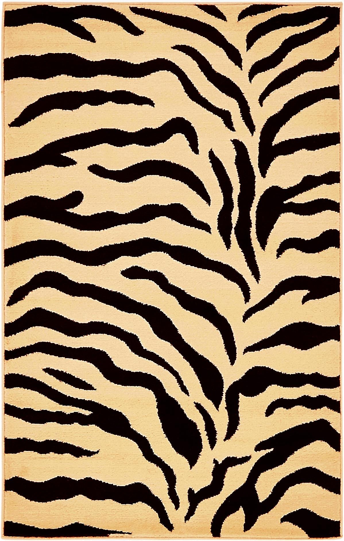 A 3x5 rectangular ivory and black zebra print rug with a medium pile, perfect for a modern living room.