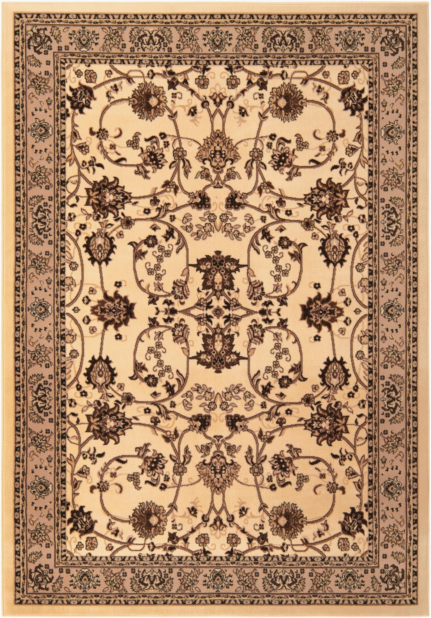 A 7x10 rectangular ivory and cream rug with a traditional floral Oriental pattern and decorative border, suitable for a living room.