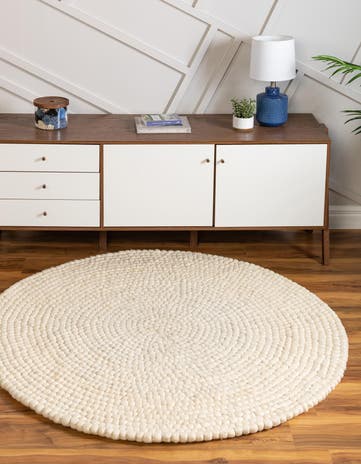 Ivory Hand Woven Felt Ball Wool Round Rug