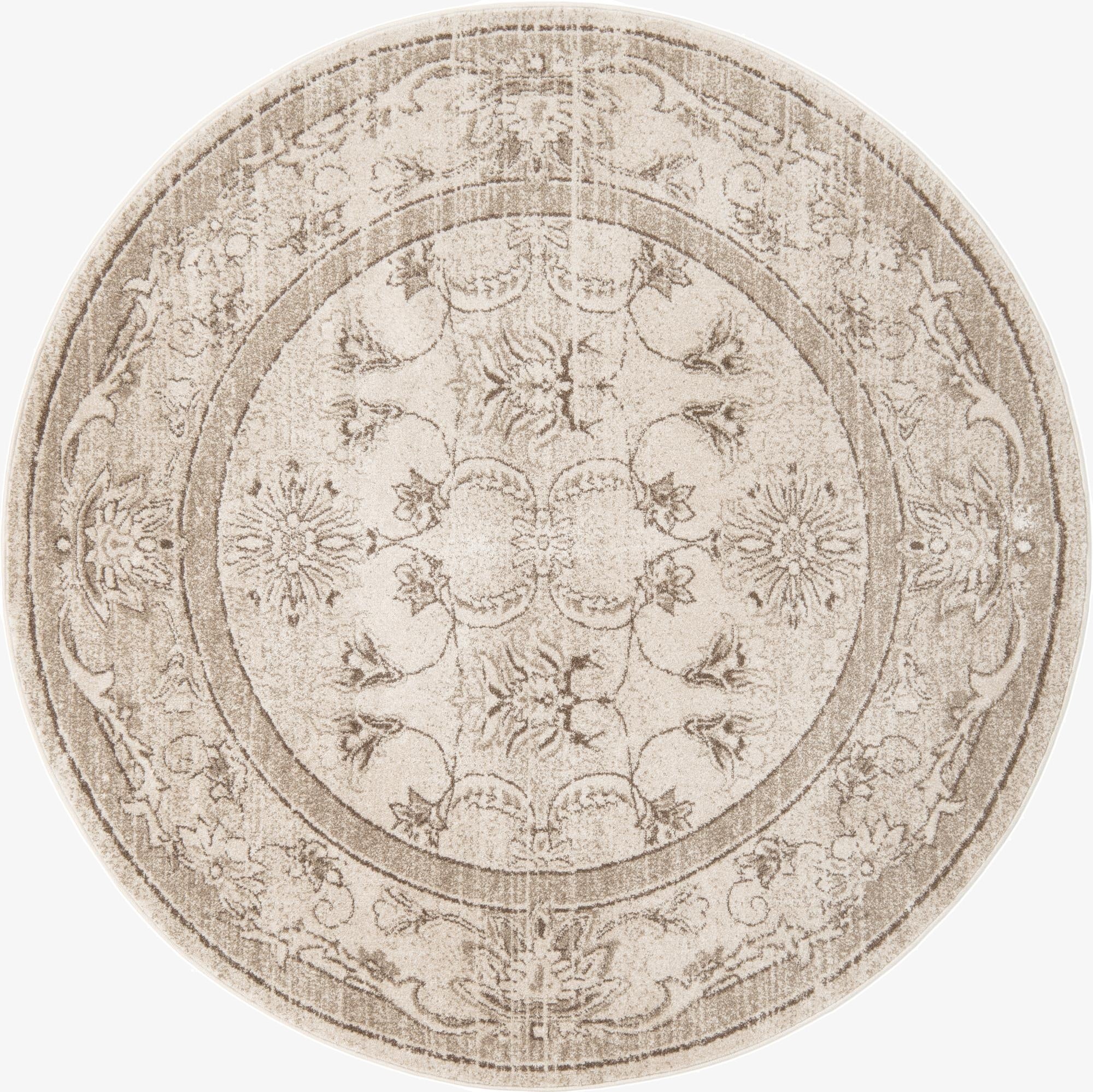 A 6' 0 x 6' 0 round ivory and cream rug with a traditional floral medallion pattern and a decorative border.