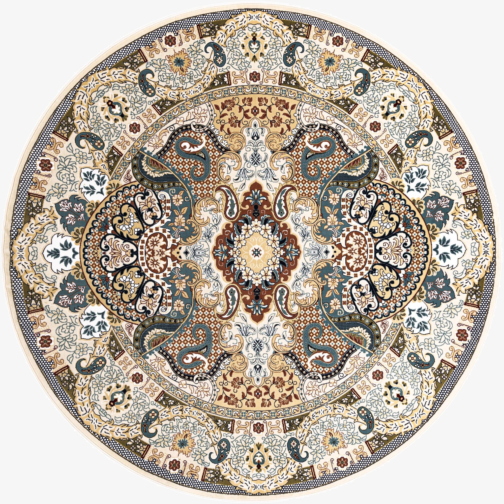 A 10-foot round ivory area rug with a detailed traditional botanical medallion pattern in cream, teal, brown, and gold.